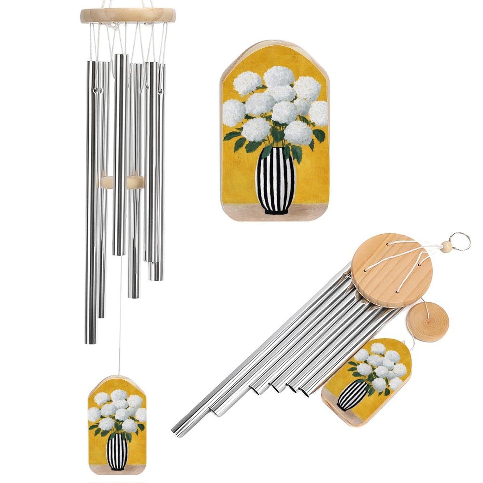 Abstract White Hydrangea in Black Striped Vase Wind Chimes Memorial Deep Tone Windchime with 6 Aluminum Tubes Outdoor Backyard Garden Decoration