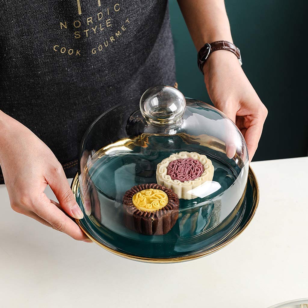 MU Soporte para tartas de cerámica verde oscuro, cúpula de cristal transparente, cubierta de polvo para pan y postre, bandeja de exhibición de té de tarde y postre, 20 cm