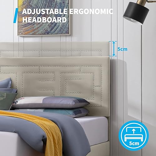 Miniatura 3 de Mjkone Base de cama tapizada tamaño King, marco de cama King con cabecera ajustable, plataforma con cabeza de clavos brillante, marcos de cama de