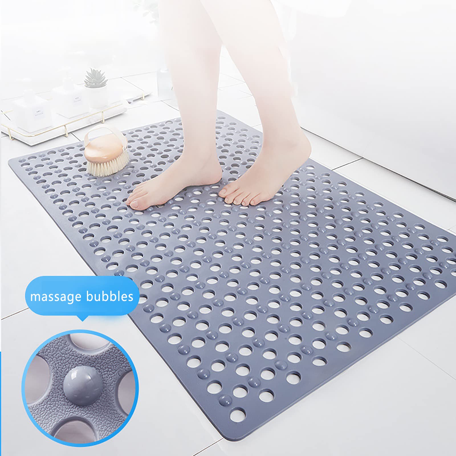 Tapis de bain antidérapant extra long en TPE lavable en machine avec ventouses antidérapantes et trous de drainage 57 x 86 cm
