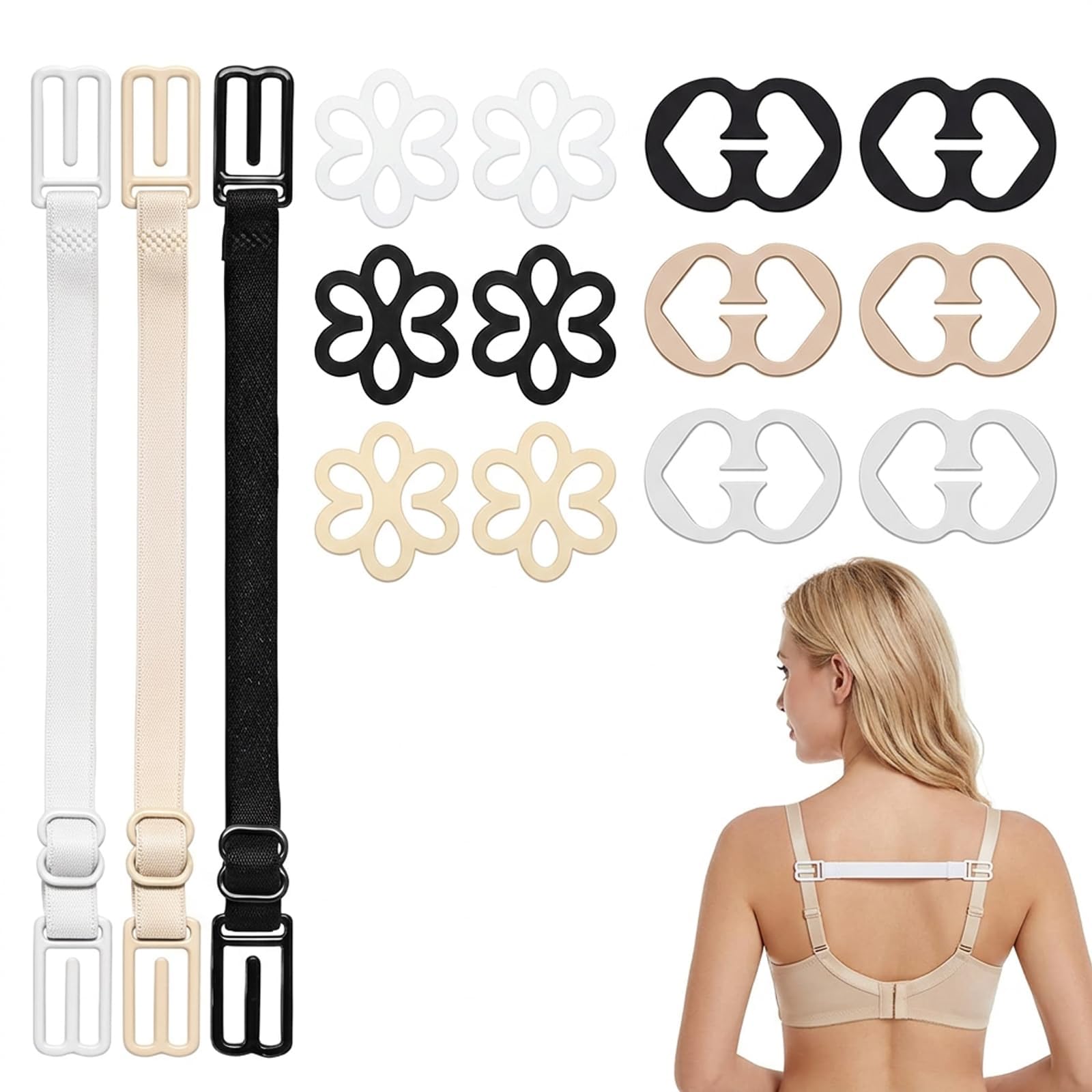 15pcs Bra Strap Clips, Bra Strap Holders for Women, Removable Strap Bra Accessories, Adjustable Straps Converters, Racerback Dress Solution, Black White Nude-image-33