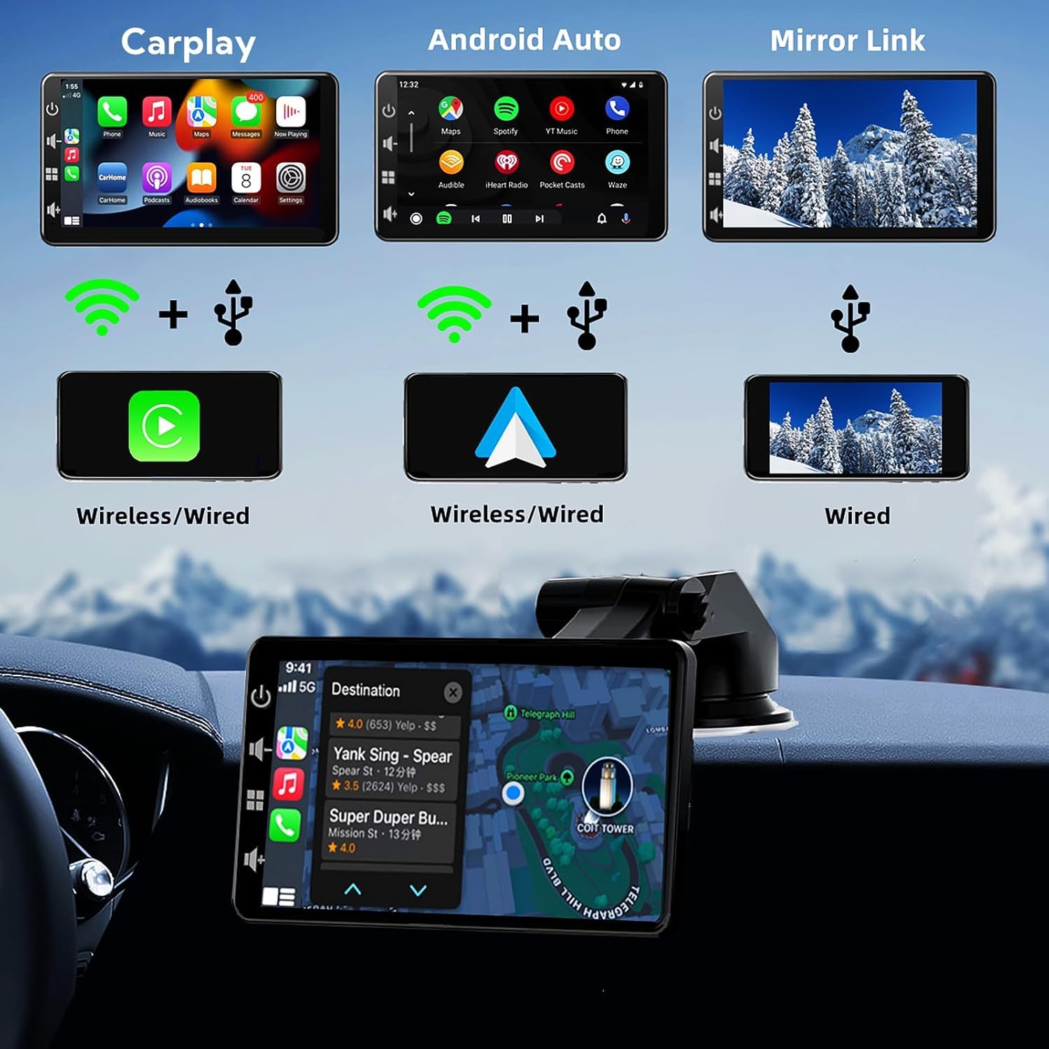 Schermo per Auto con Wireless CarPlay - Display Android Auto 7 Pollici Touchscreen Monitor - Portatile Autoradio Carplay con Mirror Link, Retrocamera, Assistente Vocale, AUX/TF