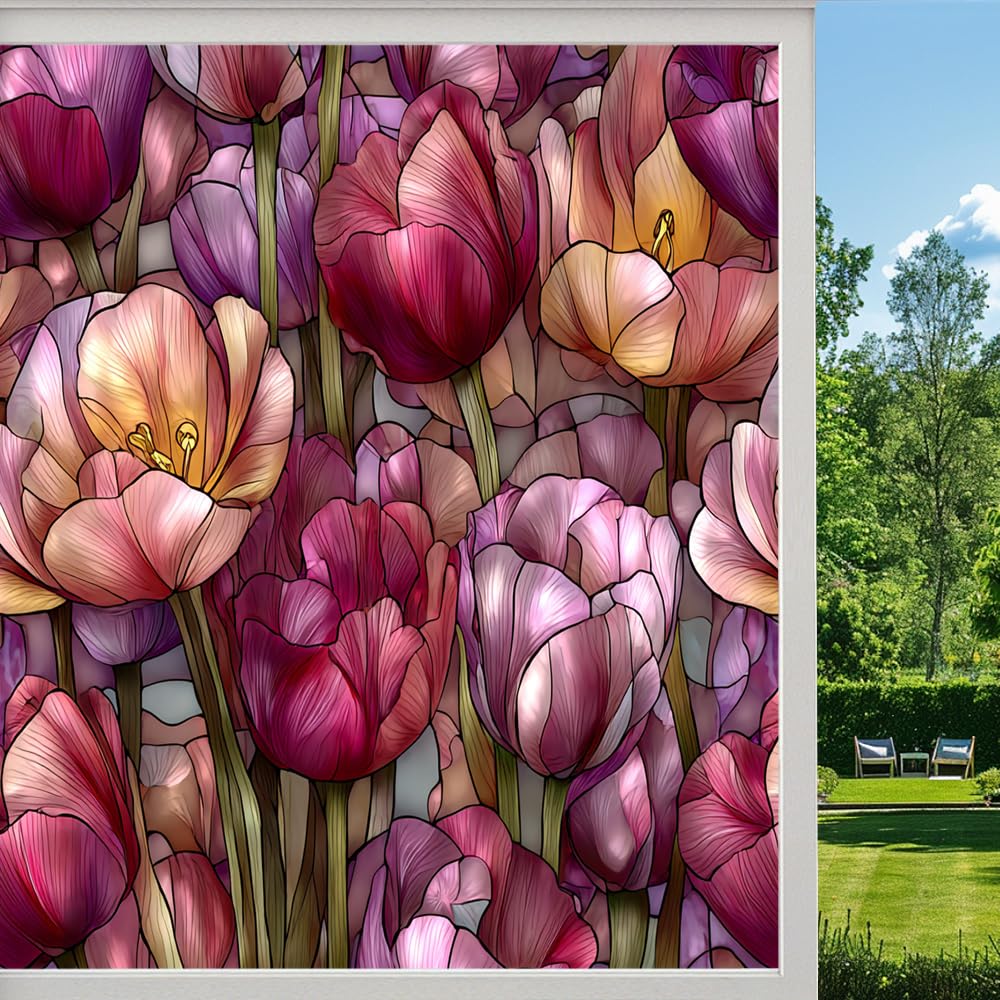 Elegant Floral Plants Privacy Window Film, Dreamy Tulips Botanical Frosted Self-Adhesive Vinyl Cling for Glass Doors Bathroom Windows Sun Blocking Heat Control, （45x90cm）