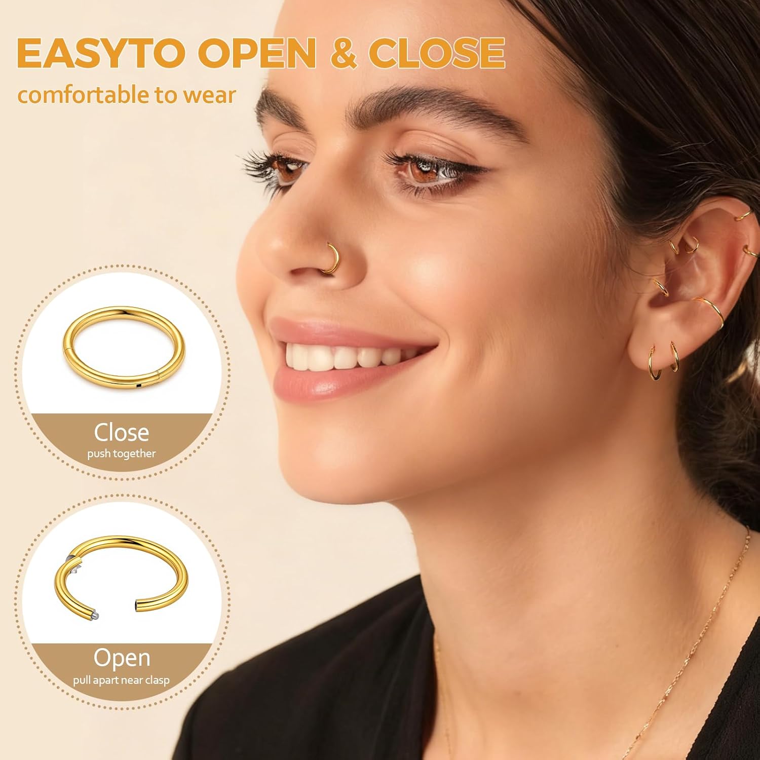 Nose Ring Septum Hoop 20G/18G/16G/14G/12G 316L Surgical Stainless Steel Hinged Seamless Earrings, Diameter 5MM-16MM, Gold/Silver/Black/Rose Gold/Rainbow Color - Image 2