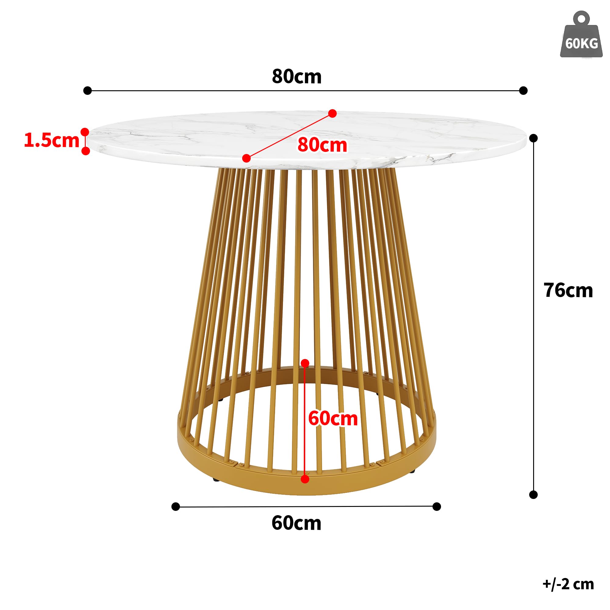 Merax Runder Esstisch Klein Tisch 80cm, Moderner Küchentisch Esszimmertisch für 4 Personen, MDF-Tischplatte mit Marmormuster, Stabiles Zylindrischer Sockel, für Küche, Wohnzimmer, Esszimmer, Gold