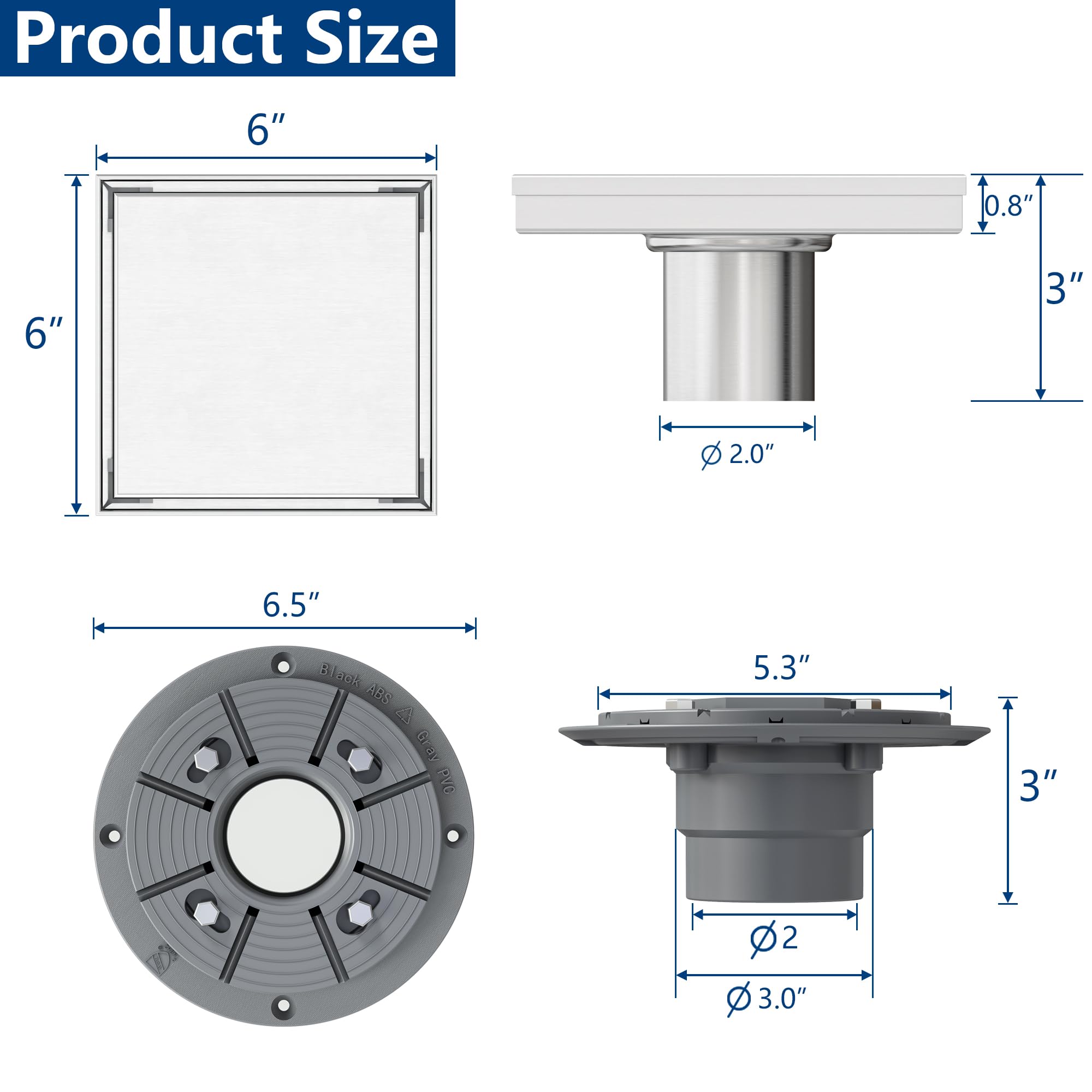 RinRin　0602 Neodrain 6-Inch Square Shower Drain with Tile Insert Grate