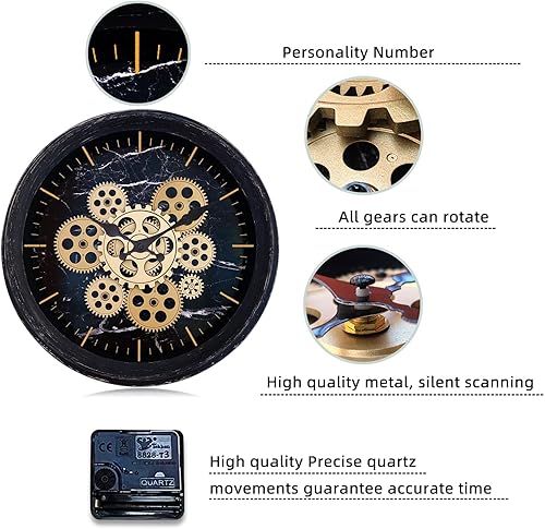 Miniatura 3 de Reloj de pared Steampunk de 14 pulgadas con engranajes móviles reales, funciona con pilas, relojes de pared decorativos industriales para decoración