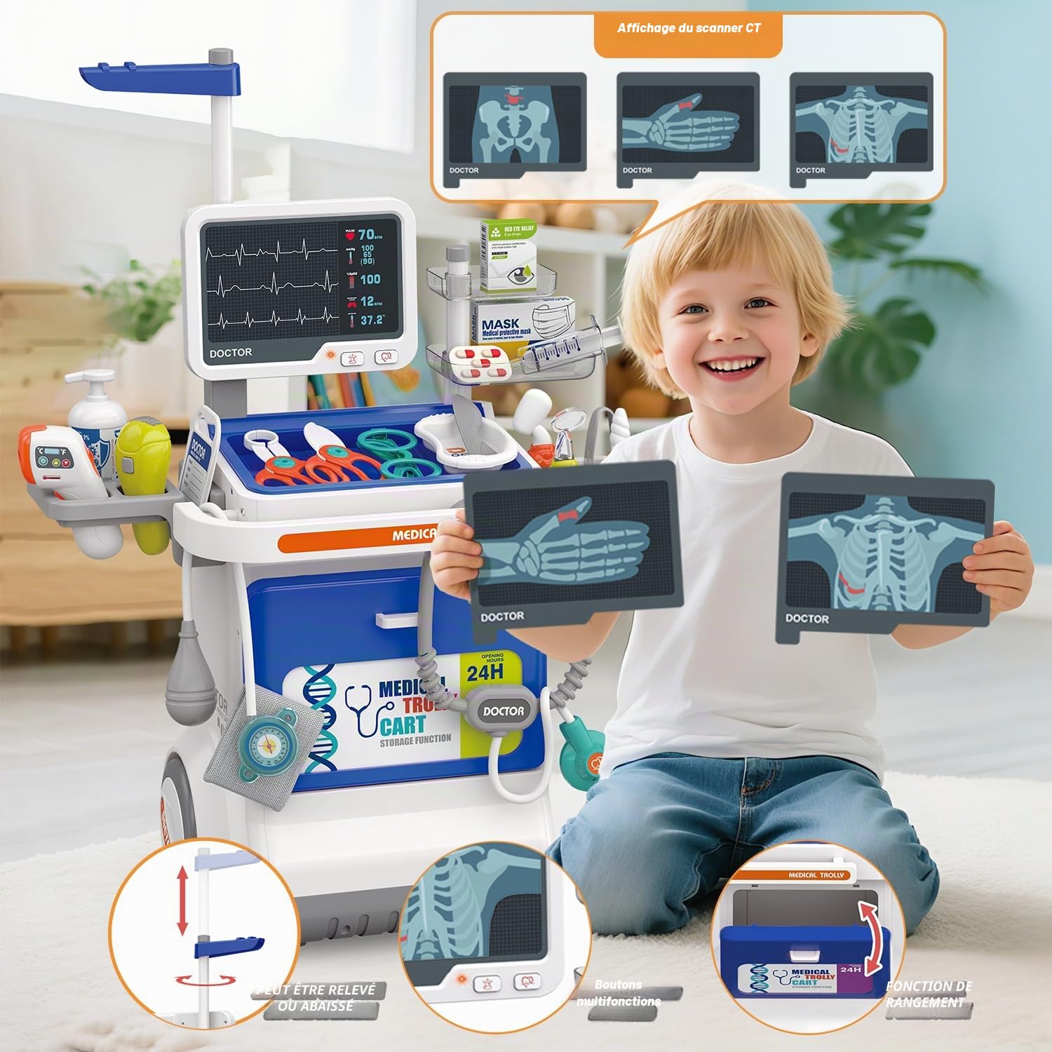Mallette Docteur Enfant 32 Pièces Kit Médical Jouet avec Stéthoscope, Thermomètre, Seringue, Chariot