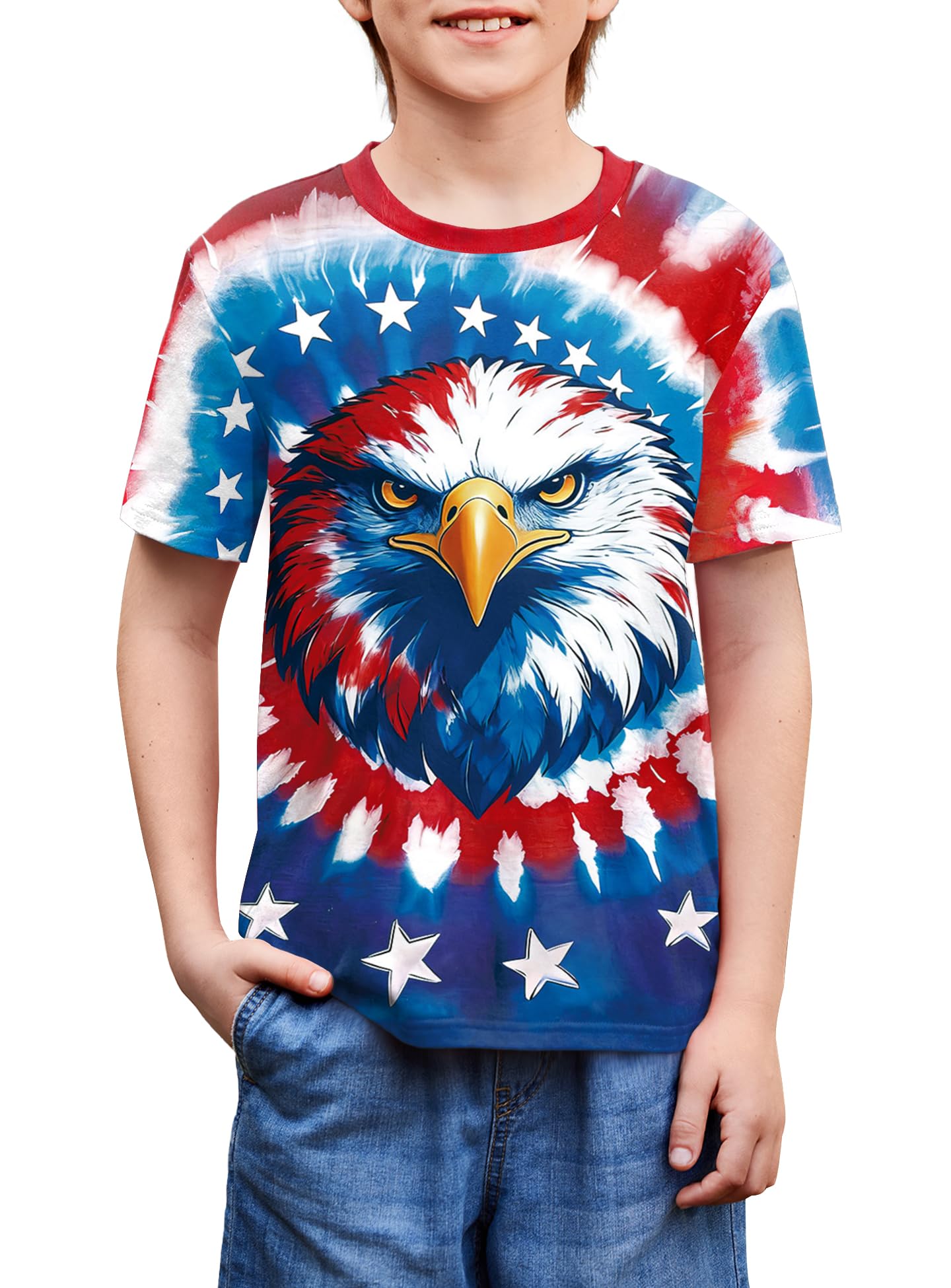 BesserBay Unisex Kids 4th of July American Flag Tee Tie Dye Patriotic Short Sleeve Shirt 6-14 Years