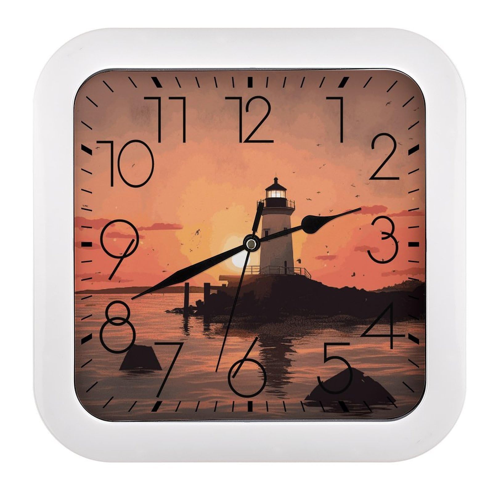 FekiLoot Lighthouse Sunrise Wall Clock 10.2" Modern Farmhouse Square Clocks Silent No Ticking, Wall Art and Timepiece Clock for Shelf Table Mantel Or Bedside Clocks