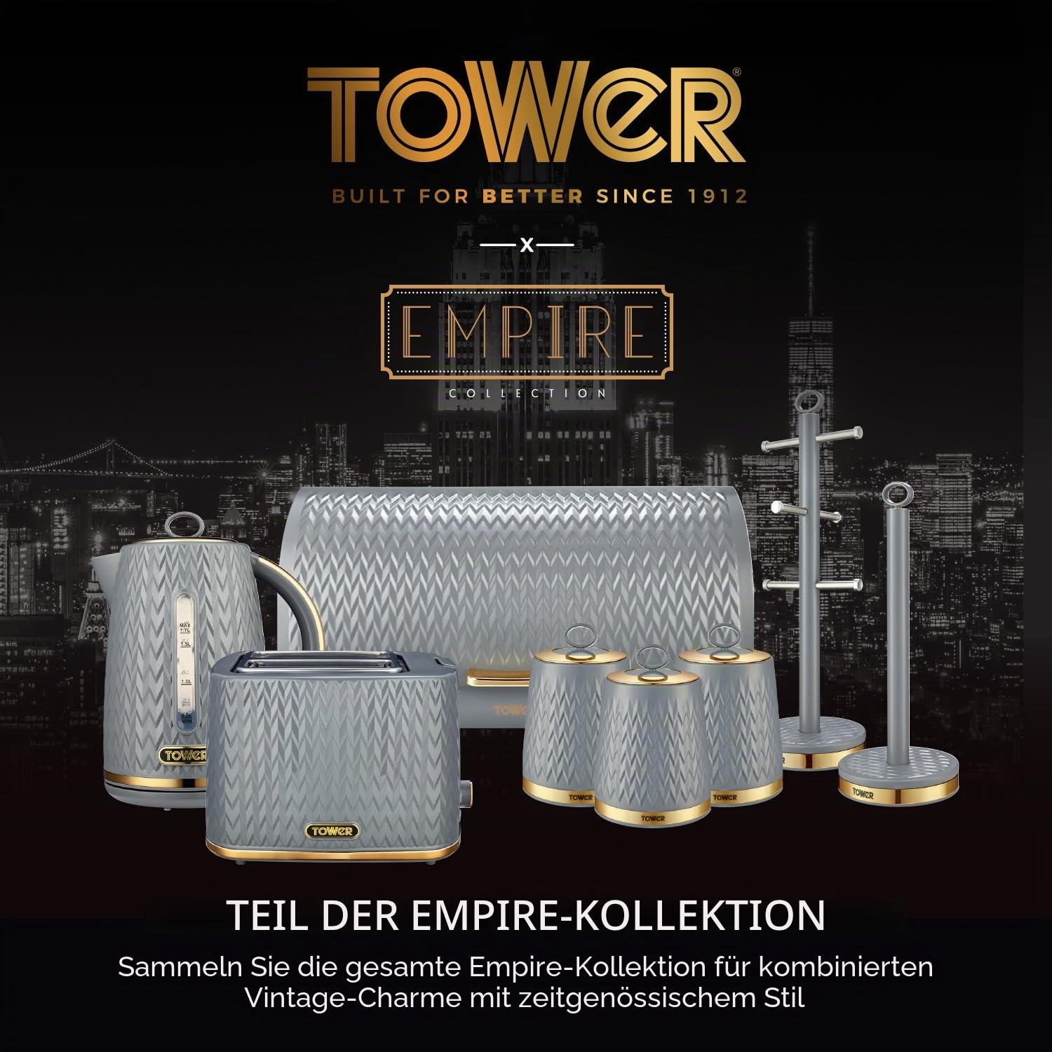 Tower T826090GRY Empire Brotkasten mit Rolldeckel, Edelstahl, Grau und Messing, Einheitsgröße