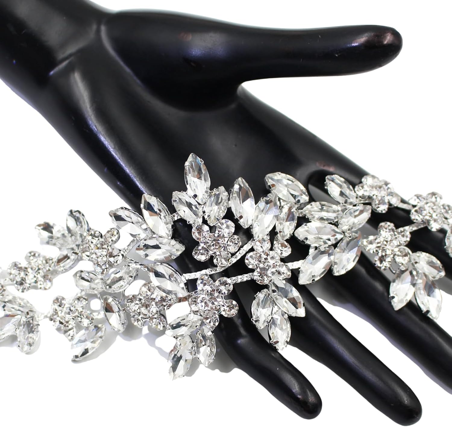 PEARLY JUN Rhinestone Applique Crystal Applique Patches DIY Beaded Bling Trim Sewing Clothes for Wedding Belt Craft Gowns Decoration Dresses Embellishments(YHZ00013-2PC-silver)