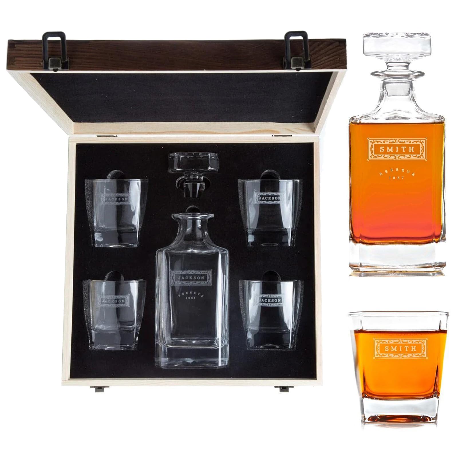 Personalized Whiskey Decanter Set for Men, Father's Day Birthday Gifts,Rectangle Wooden Box Whiskey Glasses Custom Liquor Decanter for Dad Boyfriend Birthday Retirement Gifts