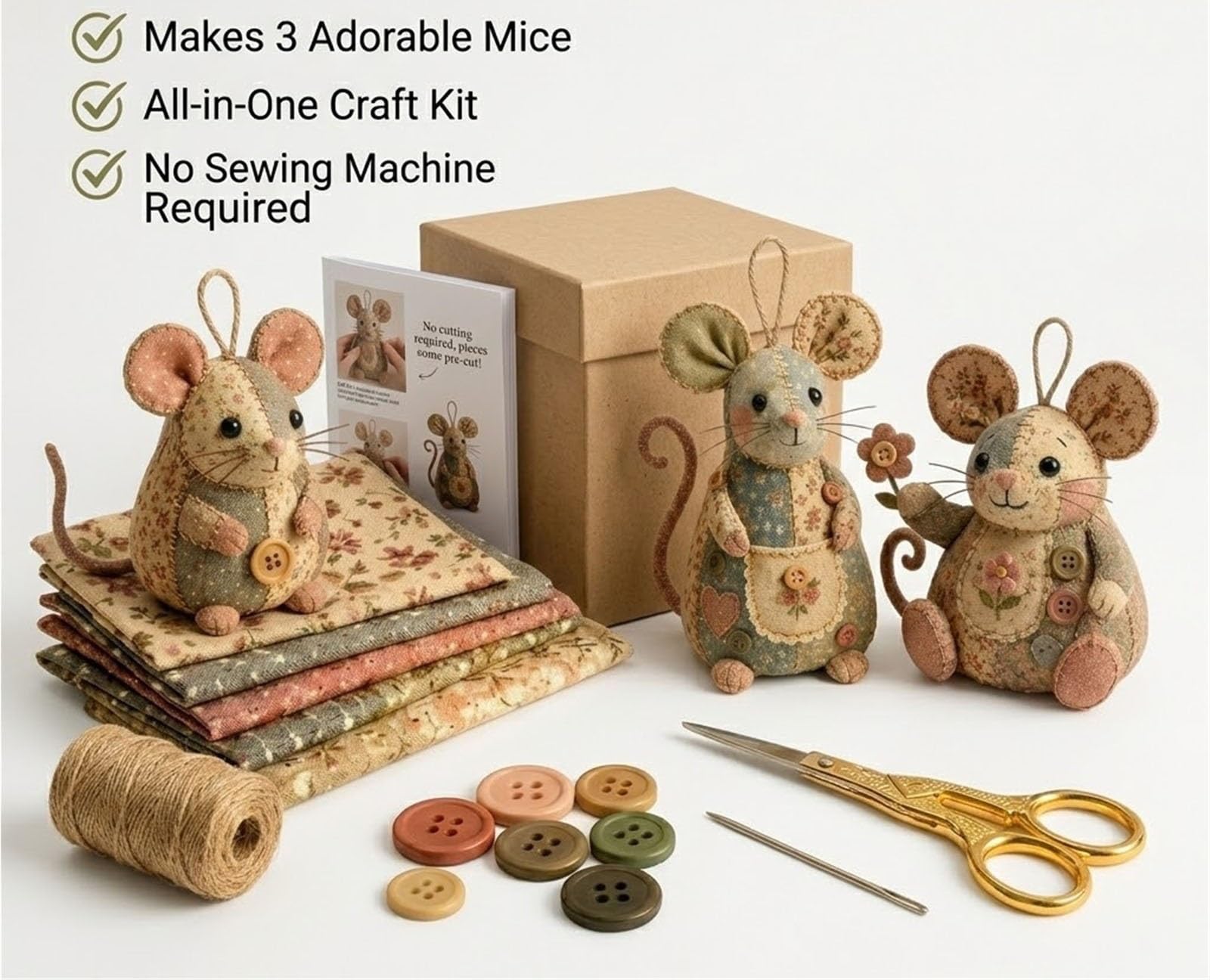 Patchwork-Maus-DIY-Set, Handgefertigtes Näh-Bastelset Mit Floraler Stofffüllung Und Knöpfen, Niedliches Stoffmaus-Ornament for Anfänger(3SET)