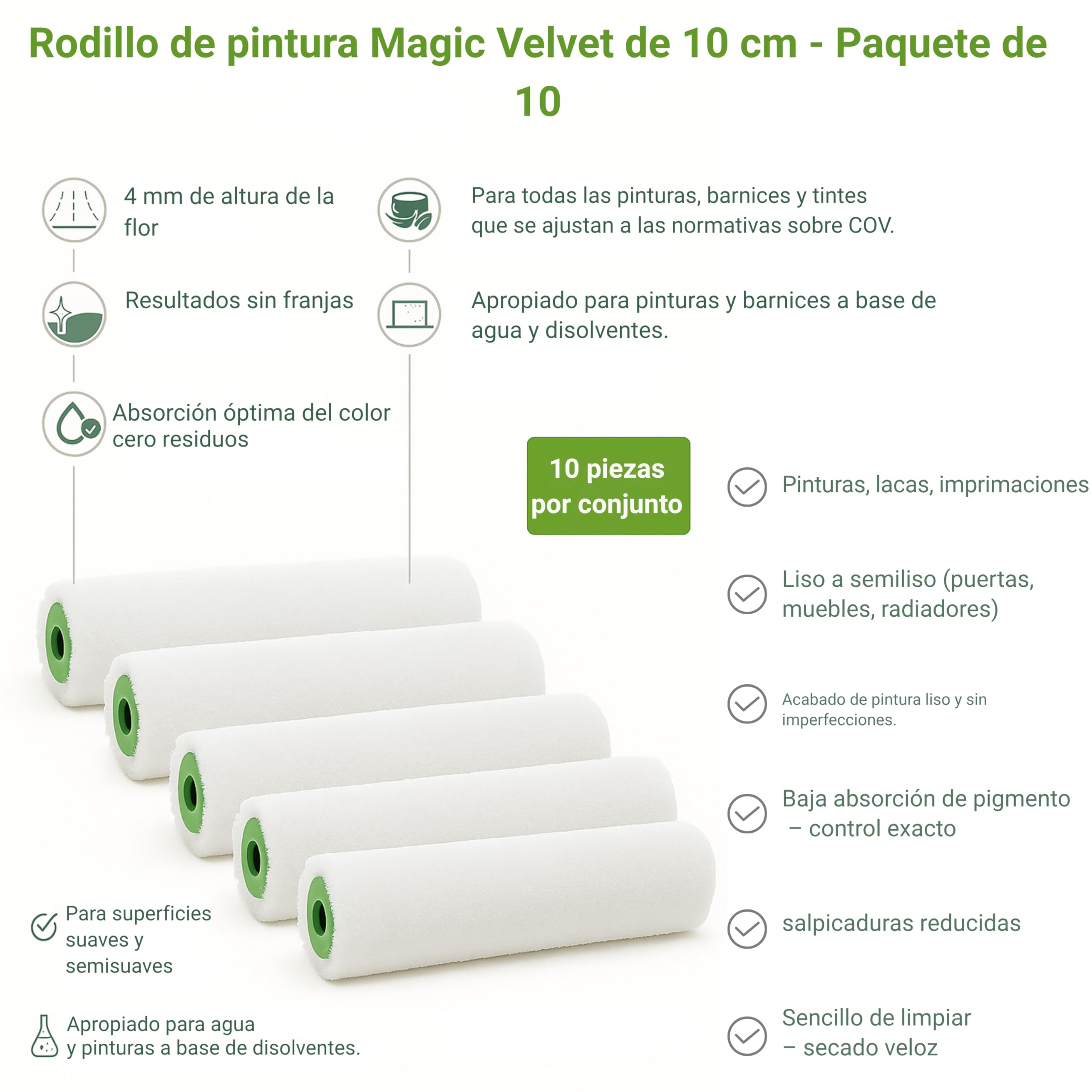 10 rodillos de repuesto de 10 cm – Rodillo de pintura y rodillo de pintura, para barnices, pintura de pared, barniz, rodillo de pintura, rodillo de pintura, accesorios de pintura, set de