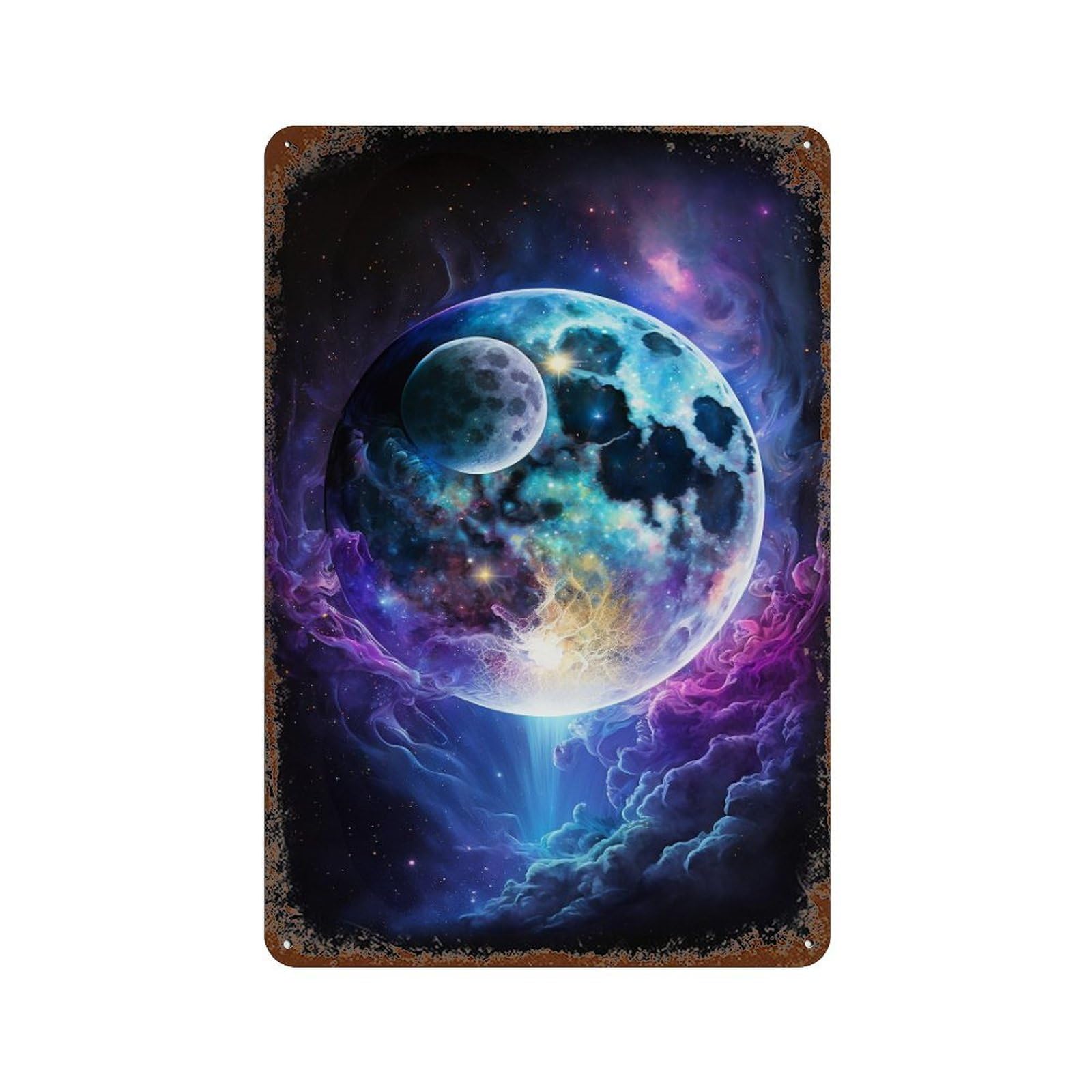 Rust Effect Cosmic Moon Painting-1 Distressed Metal Wall Sign 11.8"x7.9", Farmhouse Wall Decor for Office, Studio And Wall Decor
