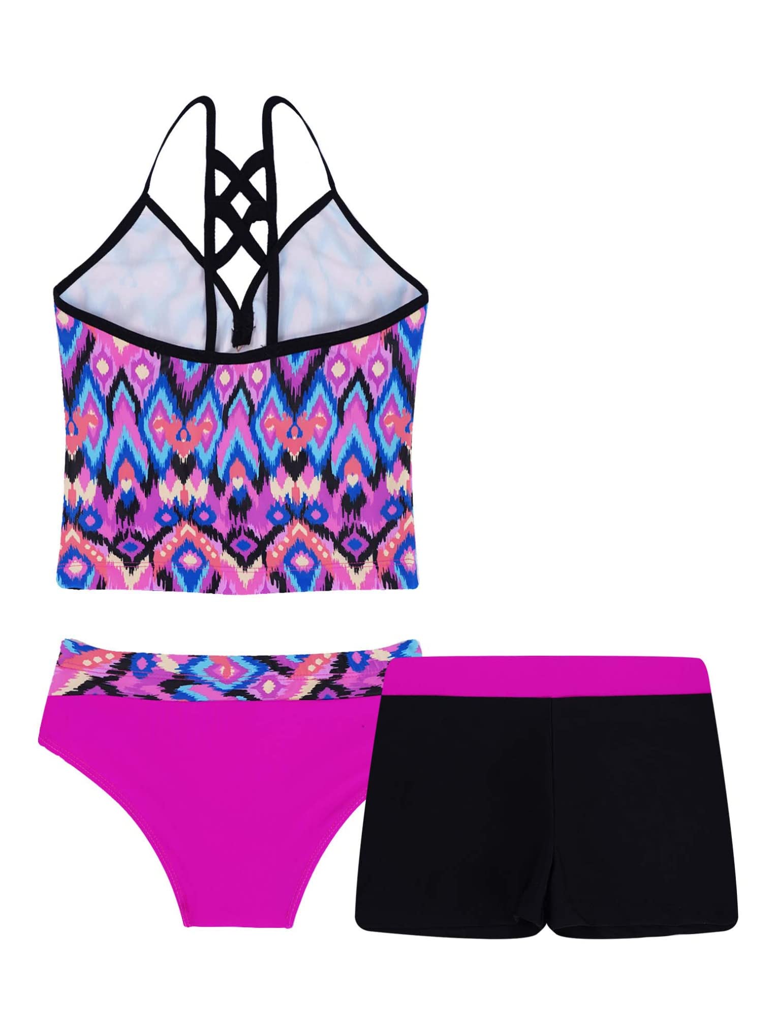 Choomomo Kids Girls Floral Printing Tops with Shorts Bottoms 3 Pieces Tankini Set Swimsuit Bathing Suit Rose Red Geometry 8