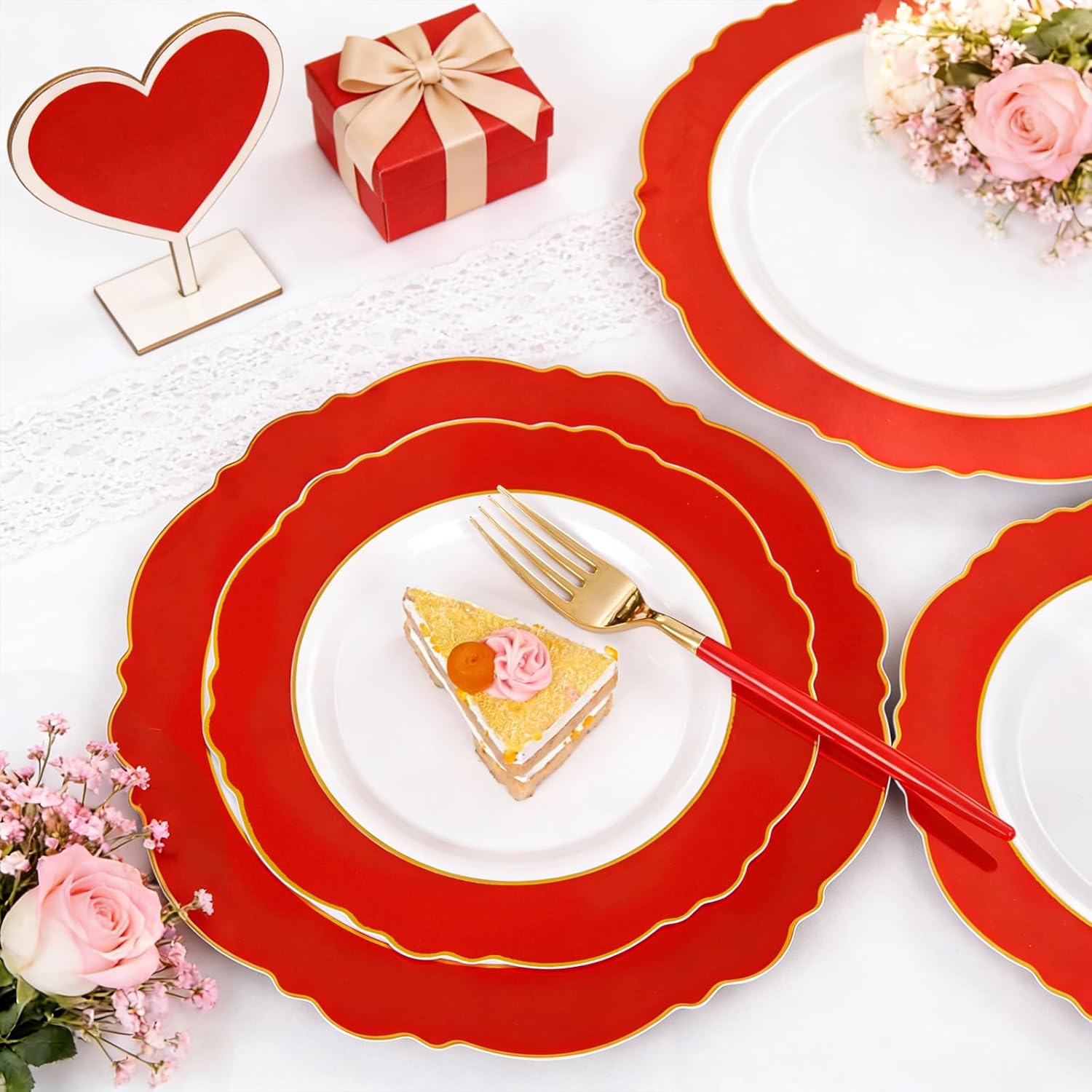 WDF 60pcs Red Valentines Plates Disposable - 7.5inch Heavy Duty Red Dessert/Salad/Cake Plates for Valentine's Day (Pack of 2)