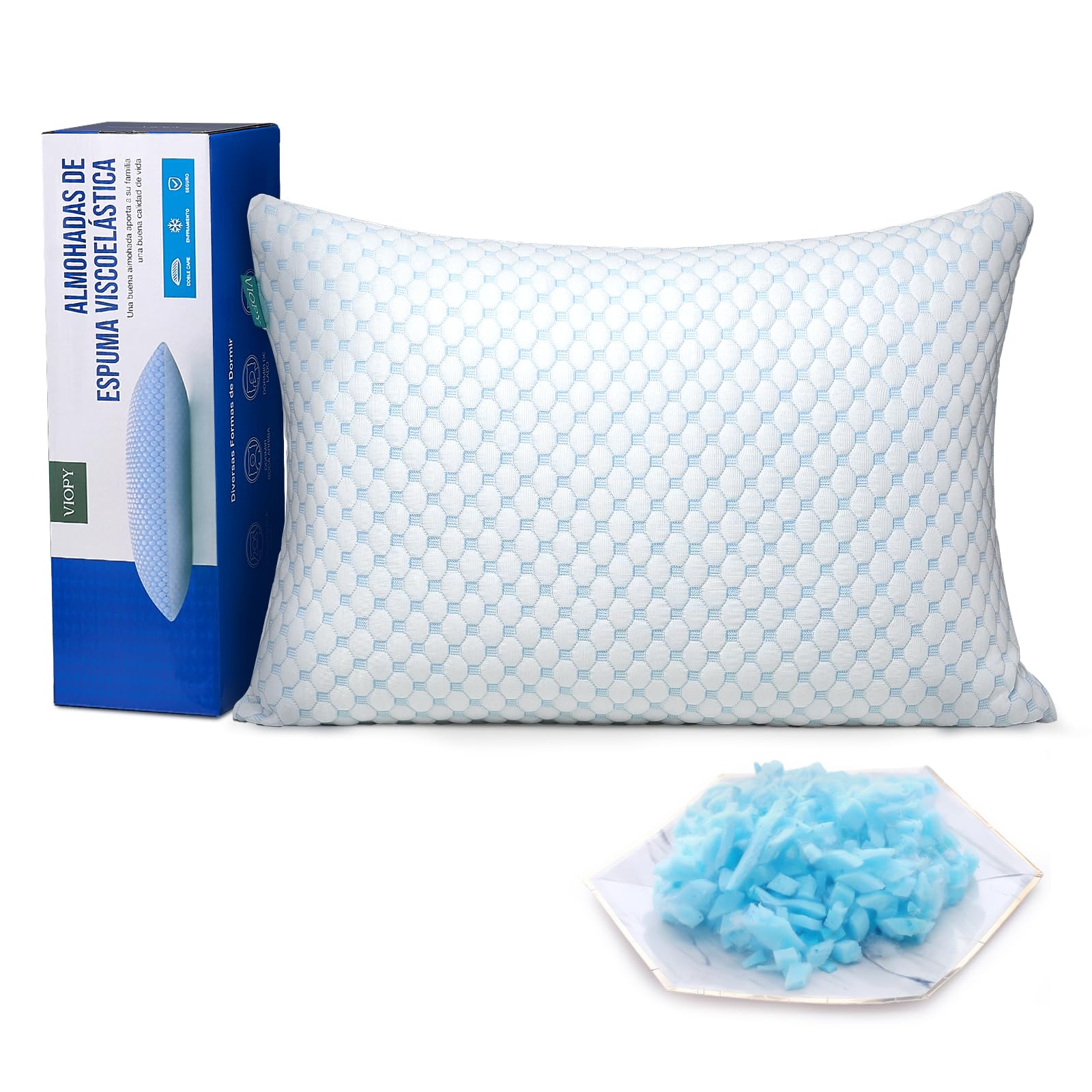 VIOPY Altura Ajustable Almohada Memory Foam,Relleno 100% Memory Foam Triturado Almohadas Matrimonial| Firmeza: Media | Hipoalergénica, Certificaciones | 1 Piezas Tamaño Estándar Pillow (45cm x 64cm)