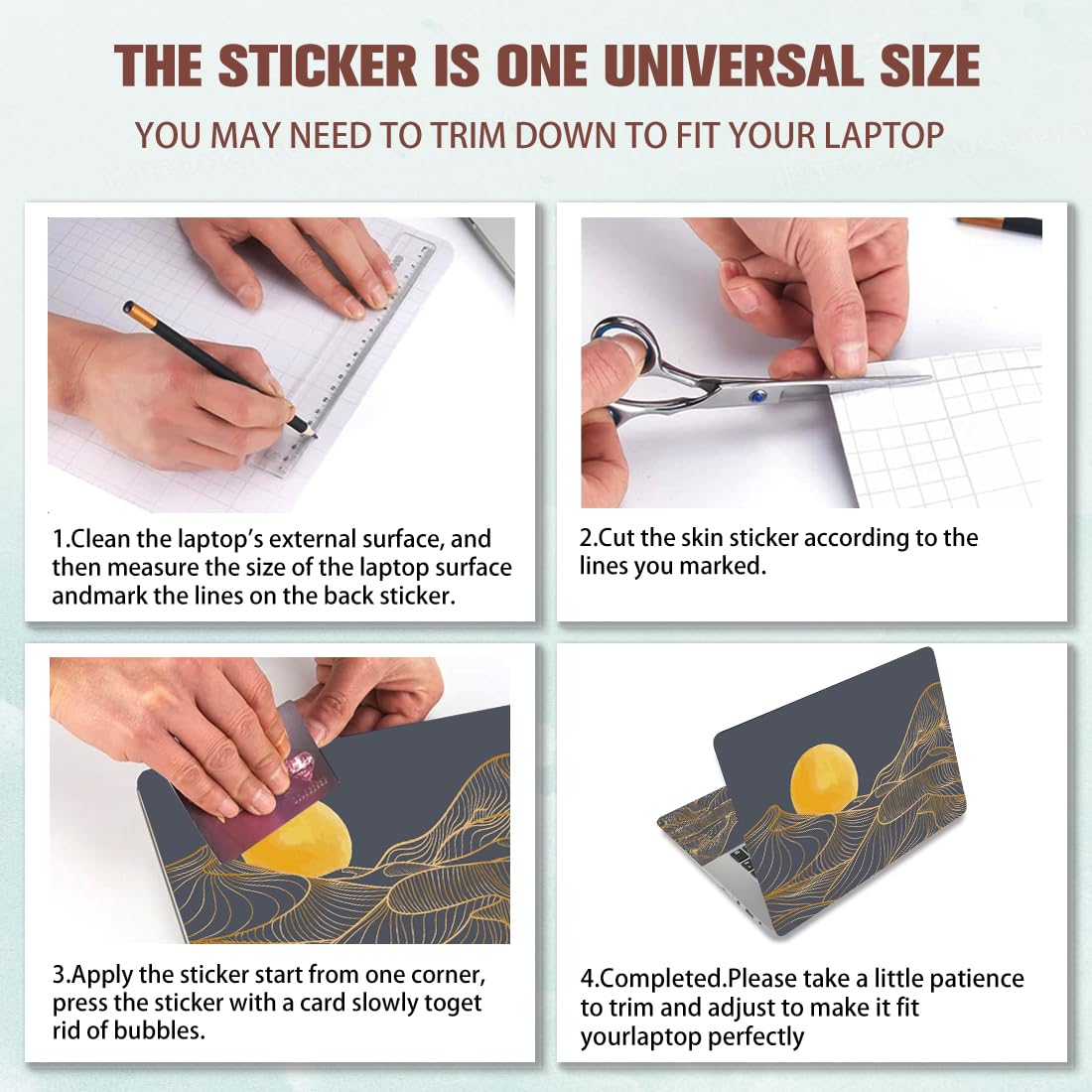 PLIGREAT Golden Sun Mountain Line Art Laptop Skin Sticker Decalcomanie Universale Vinile Riutilizzabile Notebook Decorativo FAI DA TE Adesivi di Copertura Protettiva Ad Acquerello Per Laptop Netbook