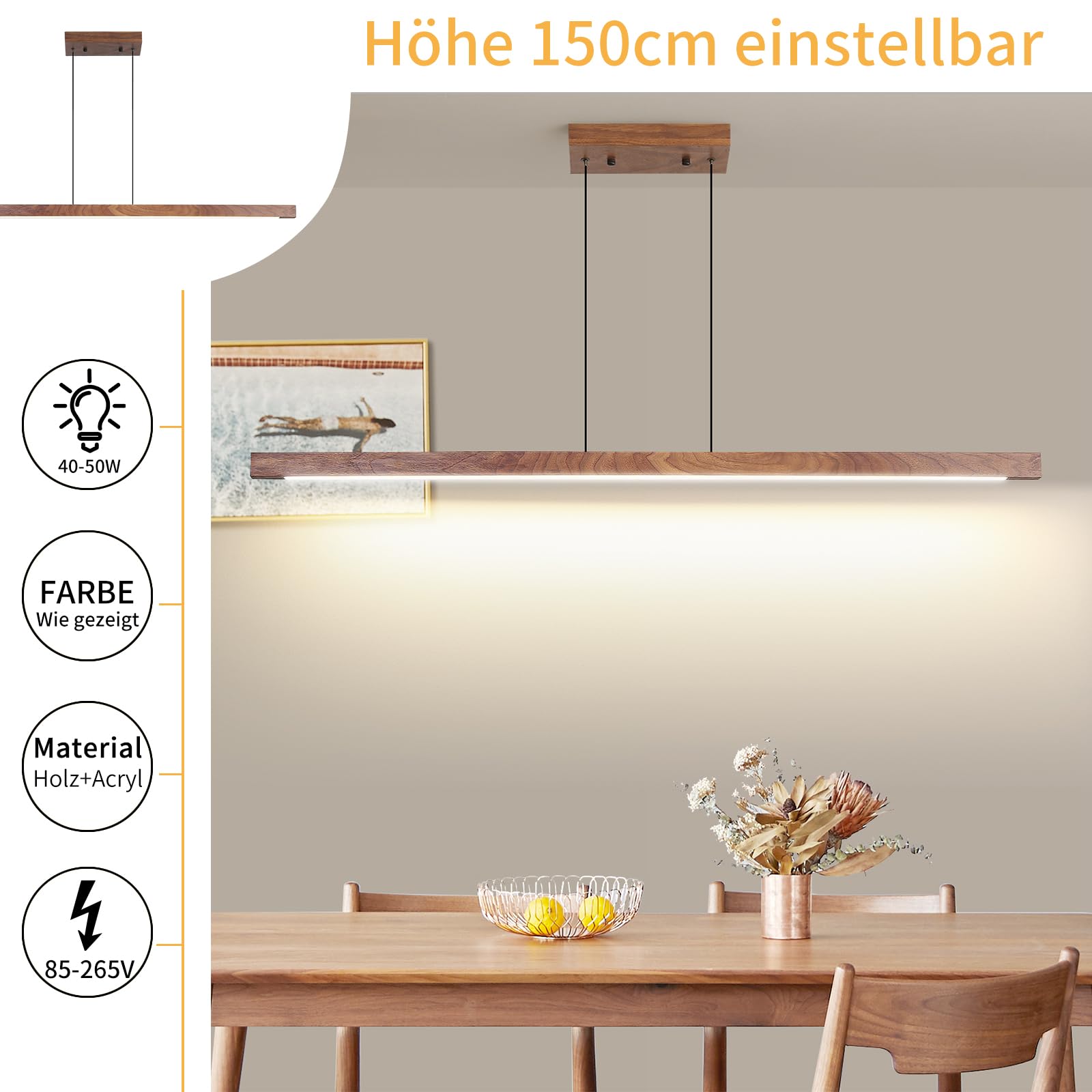 Mikeru 120 cm, lampada a sospensione a LED, tavolo da pranzo, 40 W, in noce, dimmerabile, con telecomando, 10%-100% lampada a sospensione regolazione della temperatura del colore, per cucina, sala da