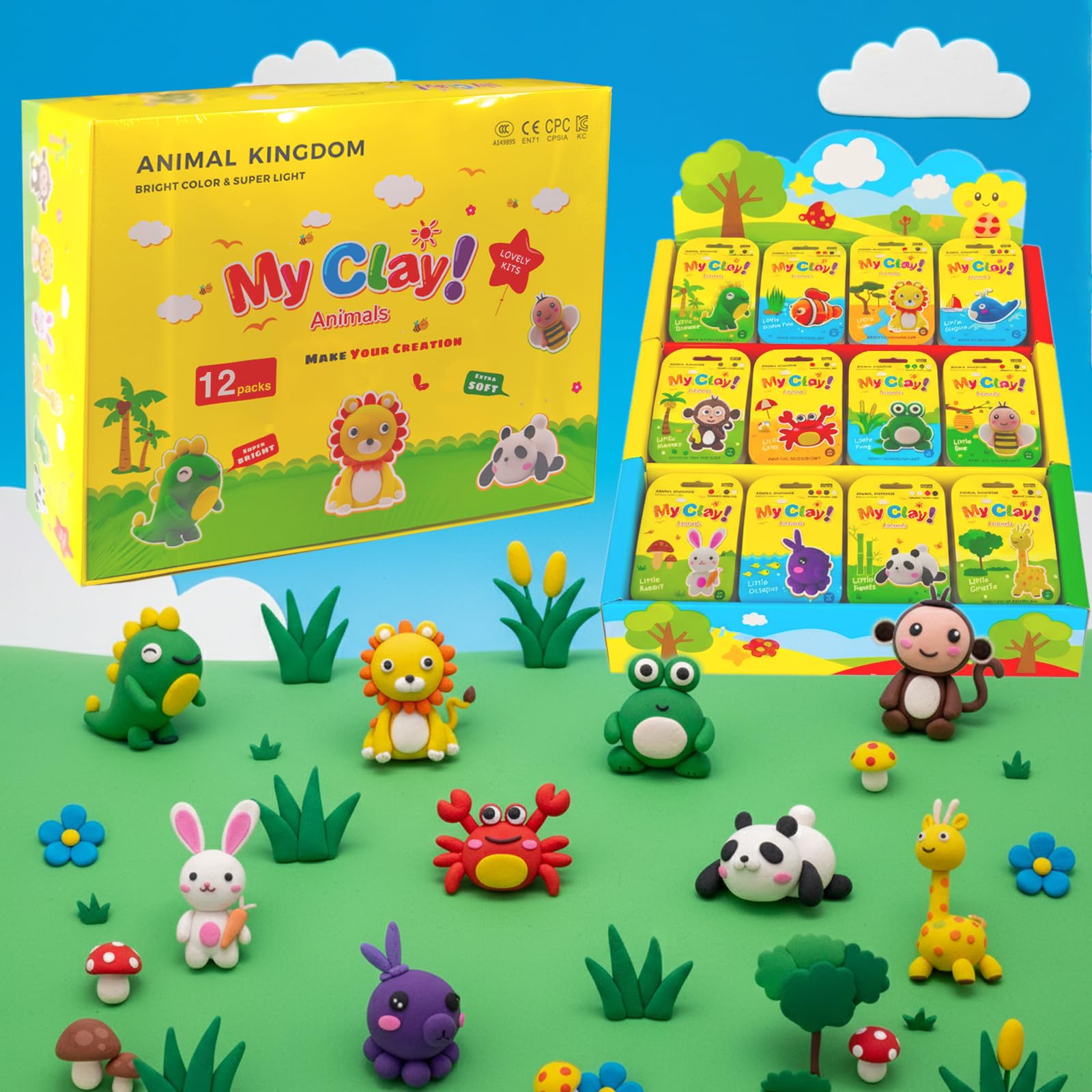 Air Dry Clay Kit, 12 Animals Kingdom Modeling Clay for Kids, DIY Model Magic Clay with Tools&amp;Idea Cards, Soft&amp;Non-Sticky, Safe&amp;Non-Toxic Magic Clays, Creatible Art Crafts Toys Gifts for Boys Girls