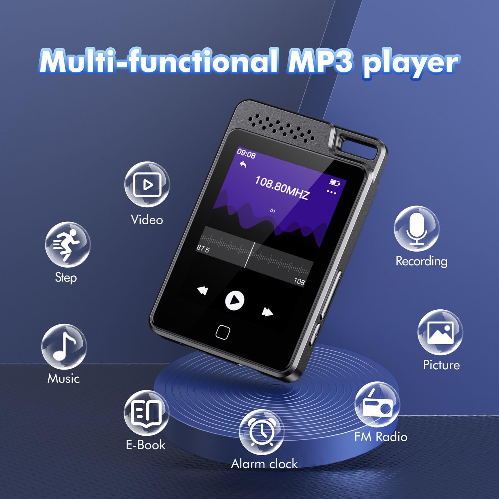 Reproductor MP3 de 64 GB con Bluetooth 5.0, Reproductor de música portátil HiFi sin pérdidas, Pantalla táctil de 2,4", batería de 13 h | Radio FM,eBook | Reproductor de vídeo MP4,64GB