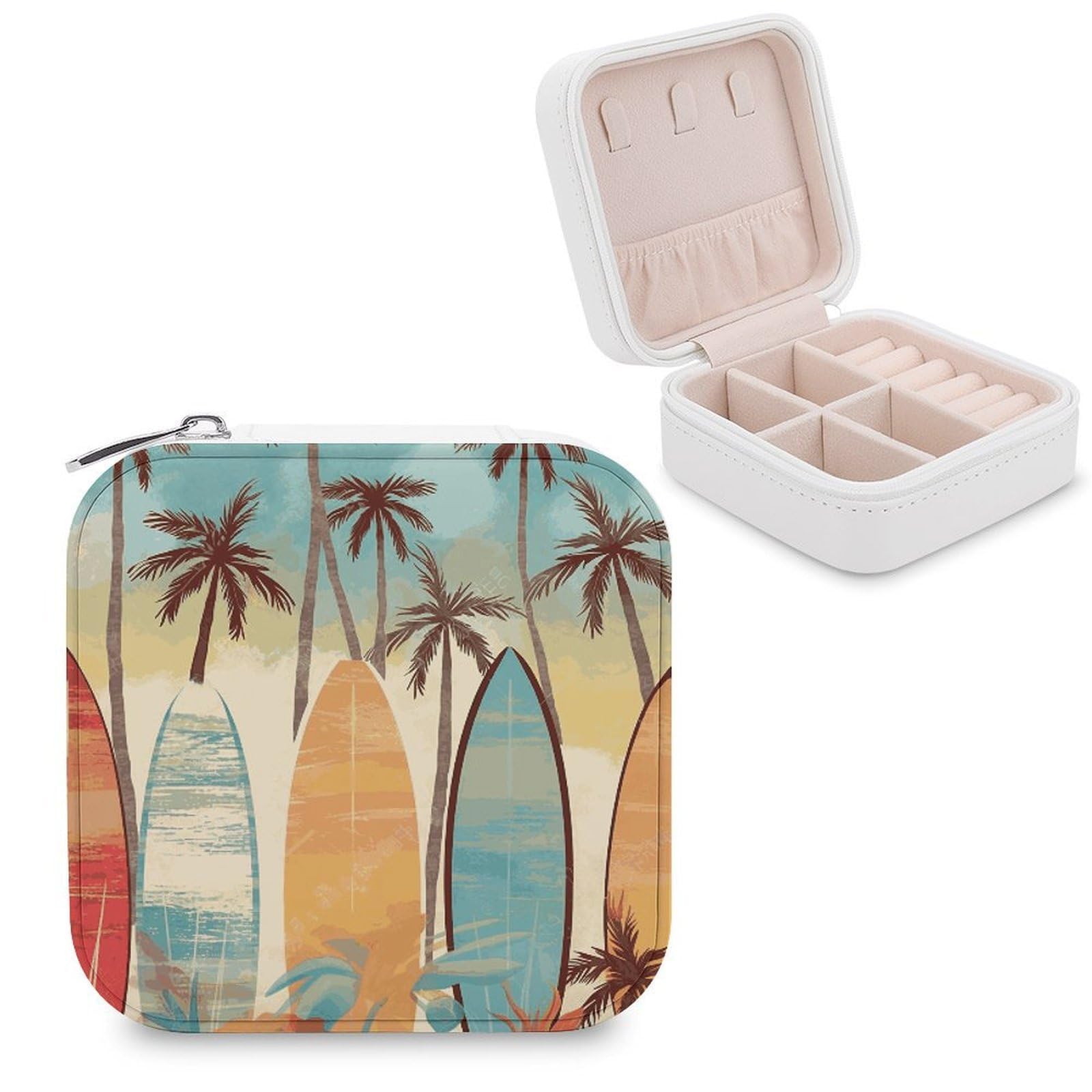 FekiLoot Surfboard Palm Tree Jewelry Box Custom Jewelry Travel Case Pu Leather Trinket Organizer Box to Organize Ring Pendant Earring Small Portable Jewelry Storage Holder for Women