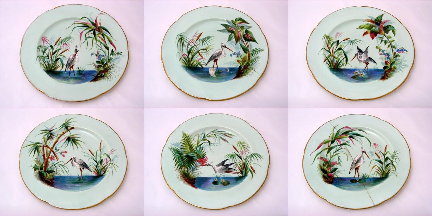 Set of Six Hand Painted Victorian Mintons Crane Cake Plates Amazon.co