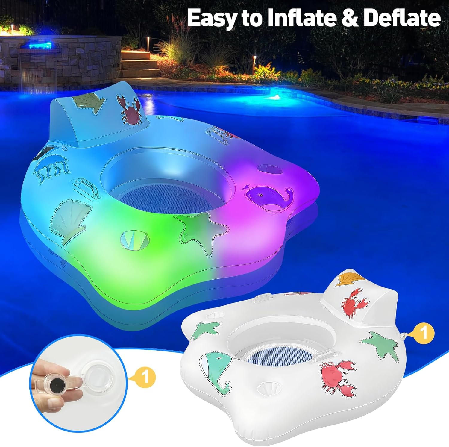Inflatable Pool Floats Chair with Colorful Light,Solar Powered Pool Chair with Color Changing,with 2 Cup Holders & 2 Armrests,Suitable for Kids,Adult