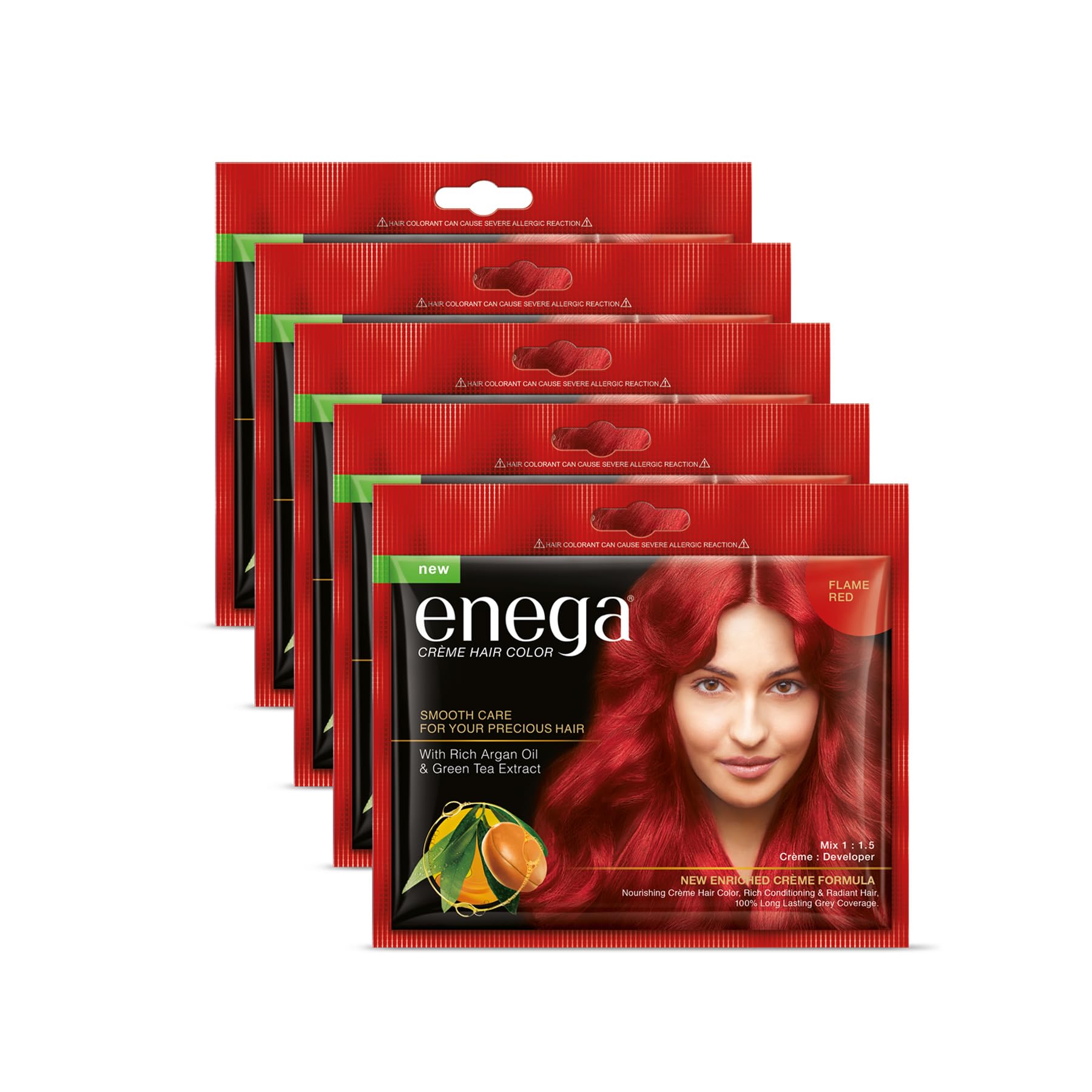 Enega No Ammonia Grey Coverage Long Lasting Creme Hair Color with Argan Oil & Green Tea Extract (Pack of 5, FLAME RED)-image-49