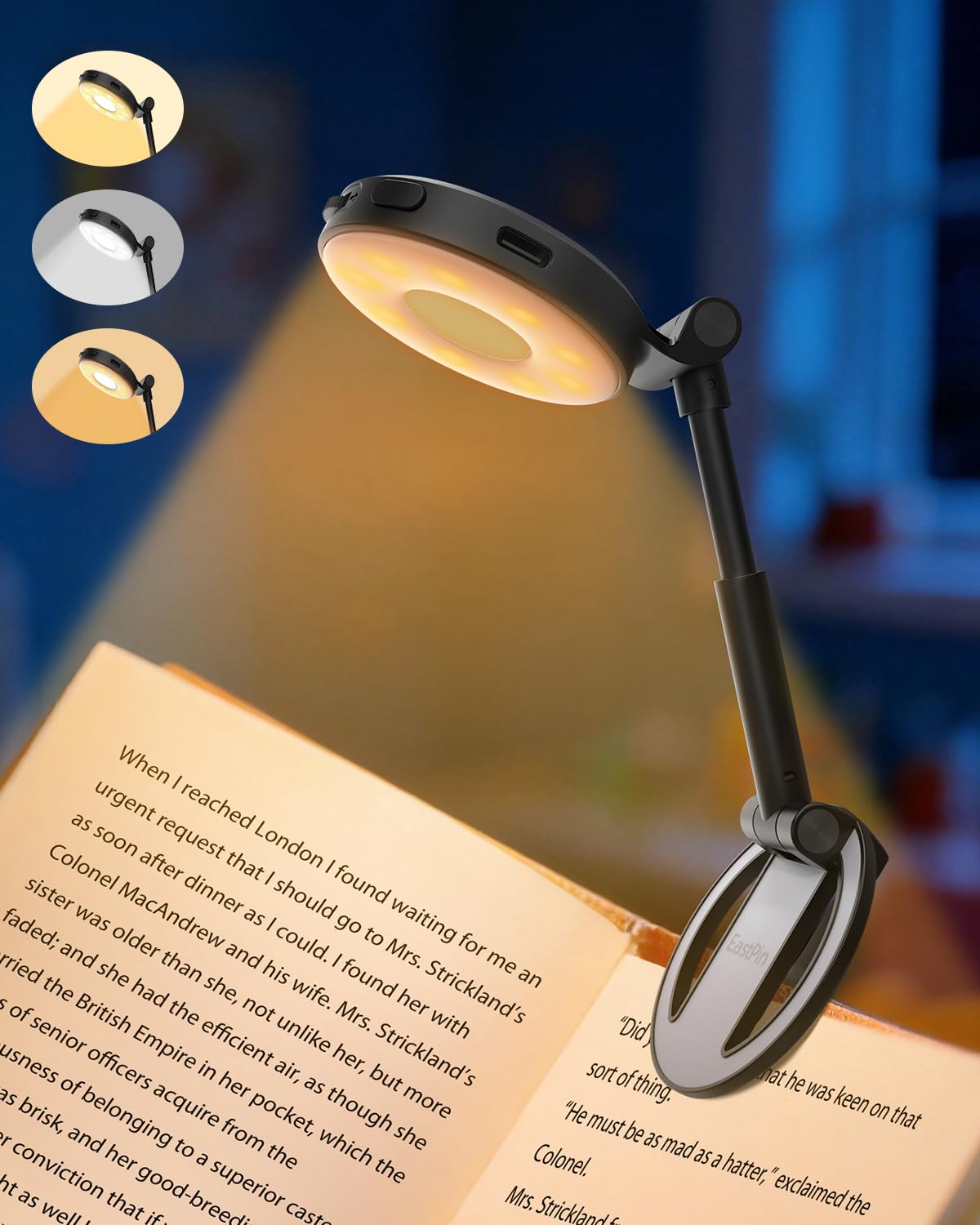 EastPin Reading Lights for Books in Bed:18 LED Rechargeable Clip-on Book Light with Timer & Memory Eye Caring 3 Color Temperature Stepless Dimming Portable Travel Gifts for Men Kids Book Lovers