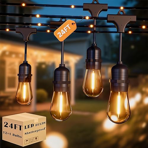 Guirnalda de luces de hadas para exteriores, luces de patio regulables de 24 pies con 12+1 bombillas retro Edison S14 y cuerda de 72 hadas,