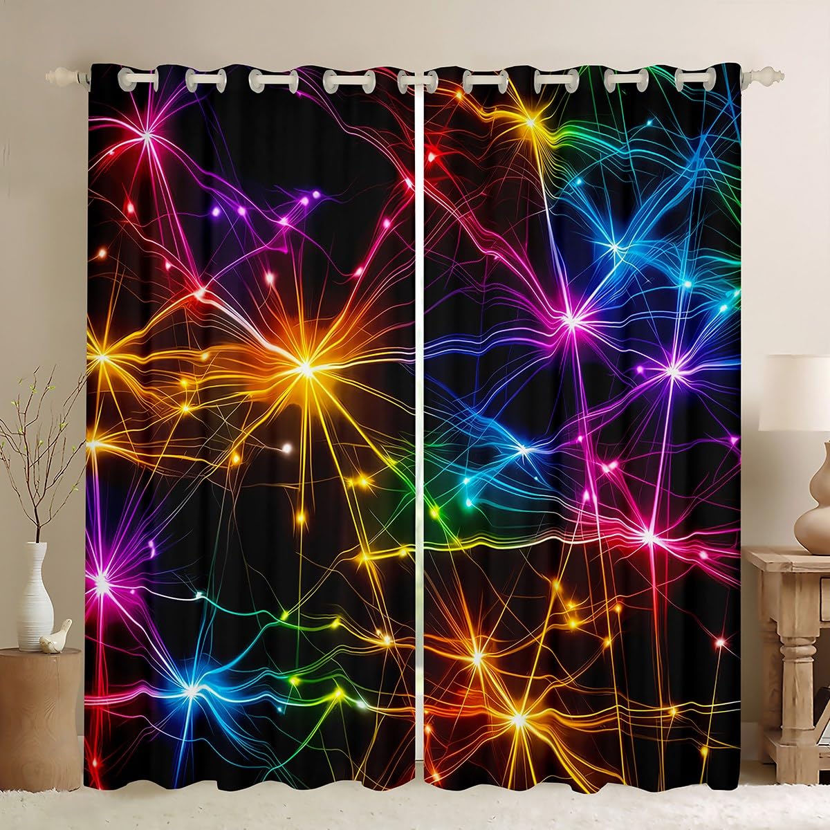 Homemissing Neon Light Stripes Curtains(2 Panels,W66*L72) For Kids Boys Girls Teens Modern Abstract Art 30%-50% Darkening Blackout Window Curtains Colorful Stripe Line Window Treatments