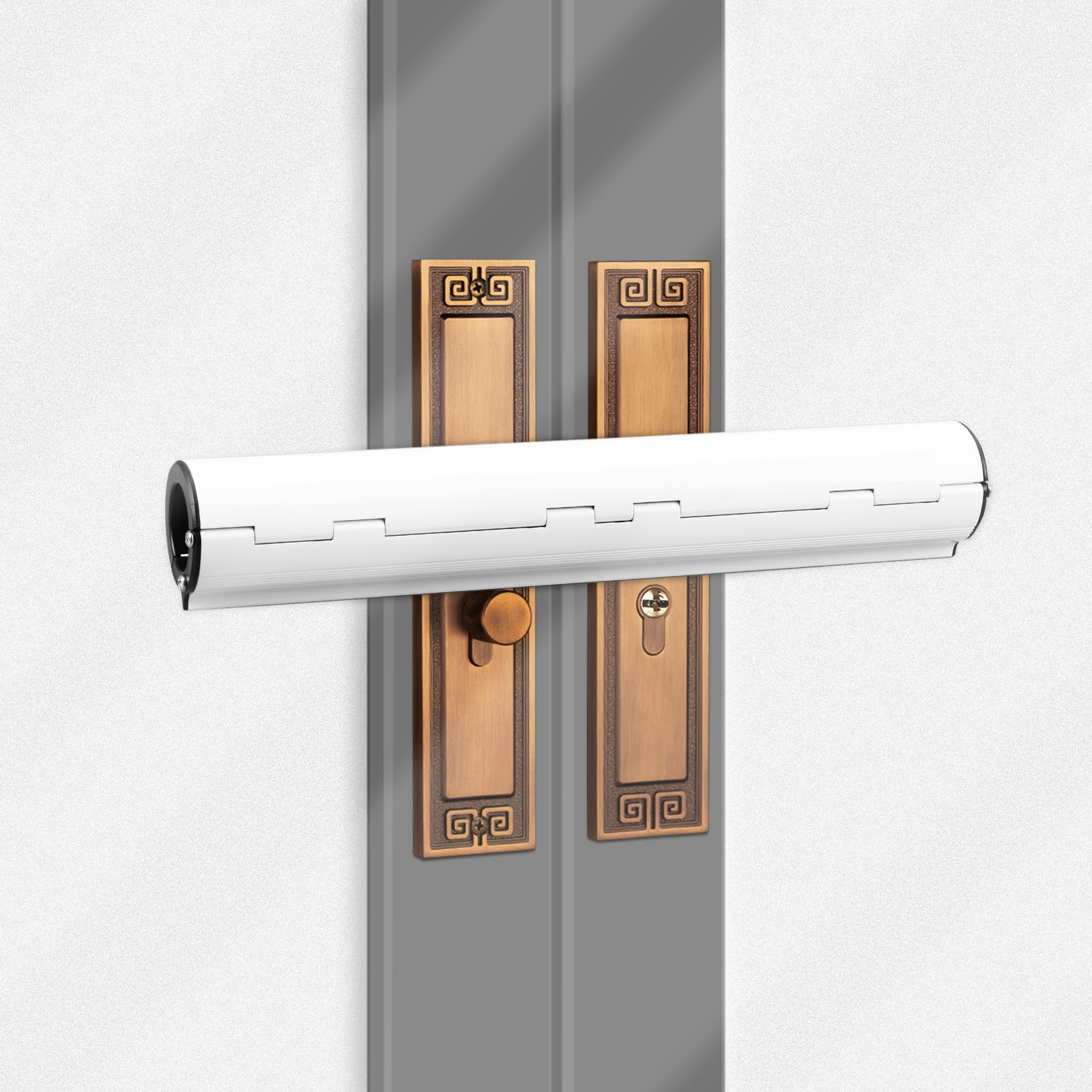 Verrou de sécurité pour porte de terrasse, sans perçage, pour portes françaises et vérandas, s'adapte aux doubles poignées horizontales, dissuasif visible contre les cambrioleurs (blanc)