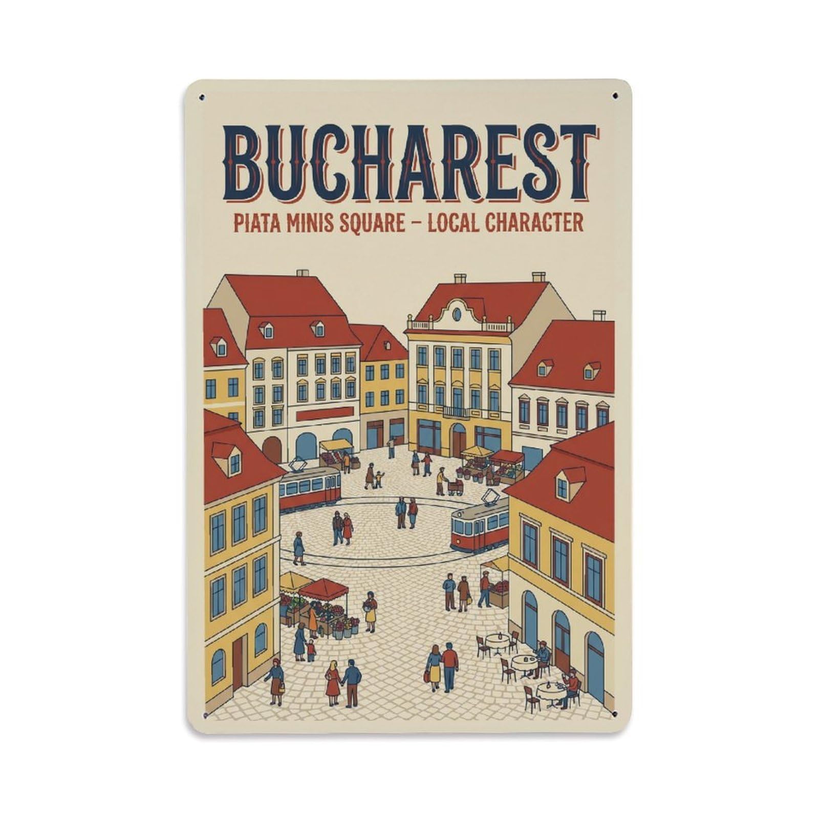 Vintage Travel Bucharest Piata Minis Clean Romania Metal Tin Sign Plaque Wall Decor for Cafe, Club Bar, Office, Home Garden Metal Poster 8x12Inch