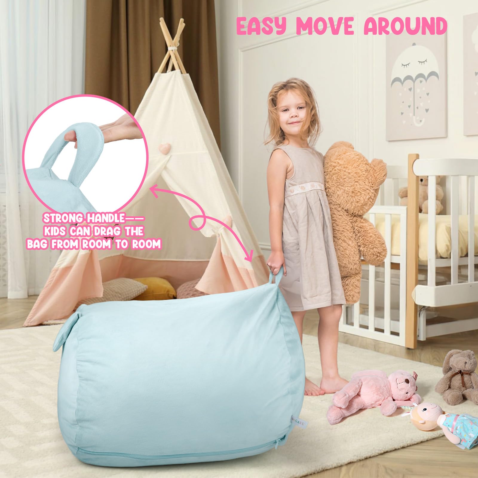 GAGAKU Pouf Peluche Coniglio 200L-XXL,Borsa Portaoggetti per Giocattoli Peluche Cameretta dei Bambini,Sacco Porta Peluche Grande Coniglio con Chiusura Lampo per Organizzare–Blu