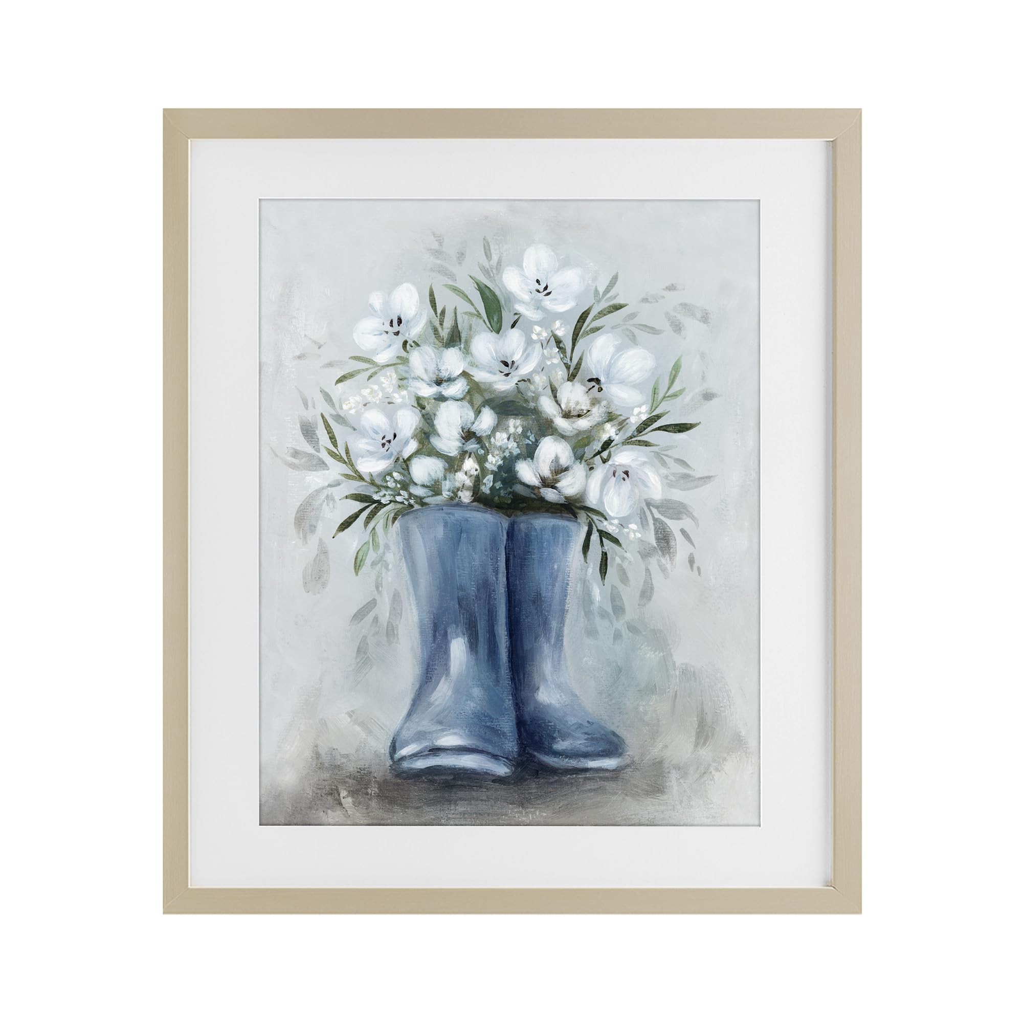 Stupell Industries Harvest Pine (Textured) 'Botanical Bouquet In Blue Boots'| Framed Print Under Glass