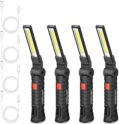 Linterna de trabajo recargable COB de 4 piezas con base magnética, gancho para colgar y girar 360, 5 modos, linterna de trabajo LED portátil para