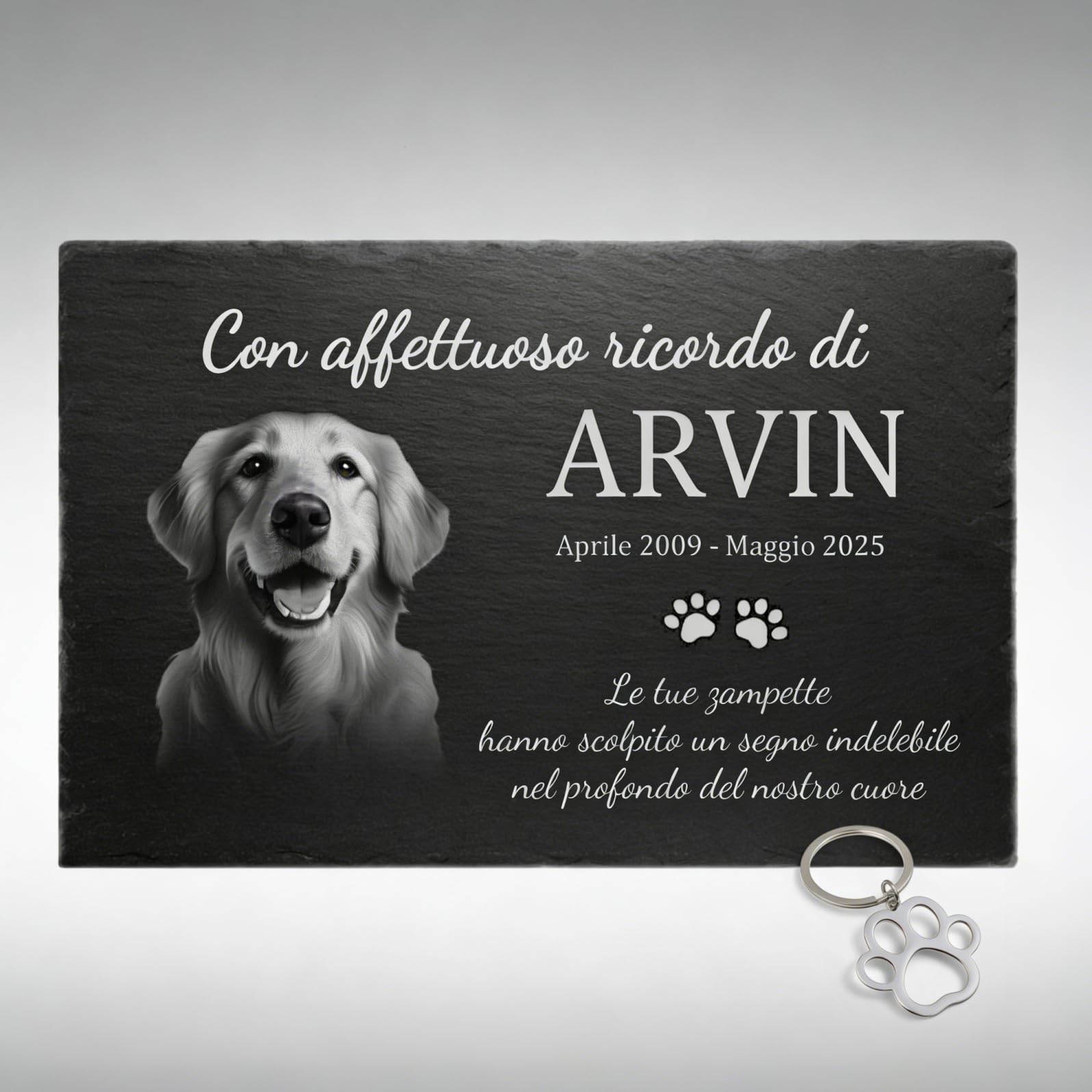 Pietra Commemorativa Cane in Ardesia – Lapide per Animali Esterno Personalizzata, Targa Memoriale per Cani Resistente alle Intemperie – Foto, Nome e Testo Personalizzabili – Giardino / 30x15–50x30 cm