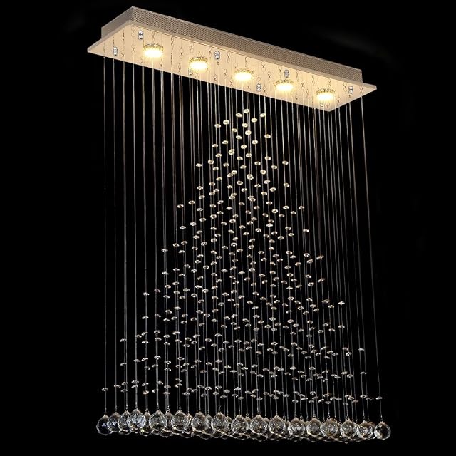 Dst Crystal Chandelier Ceiling Lights, Modern Rectangular Droplet Chandeliers Lighting Flush Mount LED Pendant Light Fixture for Dining Room, Livingroom, Bedroom, Foyer, Lounge, L80cm W20cm H102cm