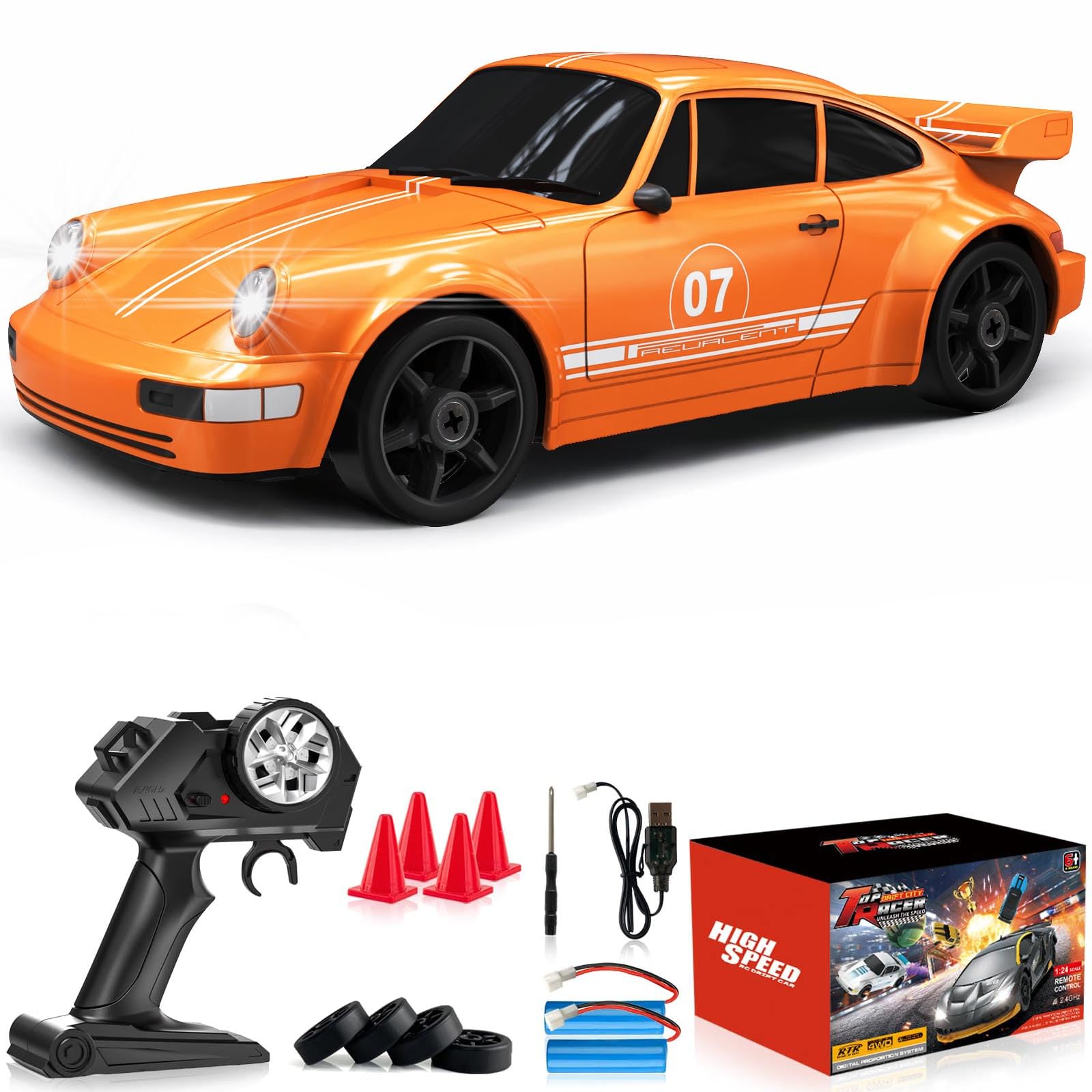 Remote Control Car RC Drift Car 2.4GHz 1:24 4WD 15KM/H High Speed Racing Sport Car with LED Lights Drifting Tire Racing Sport Toy for Adults Boys Girls Kids Gift 2Pcs Rechargeable Batteries