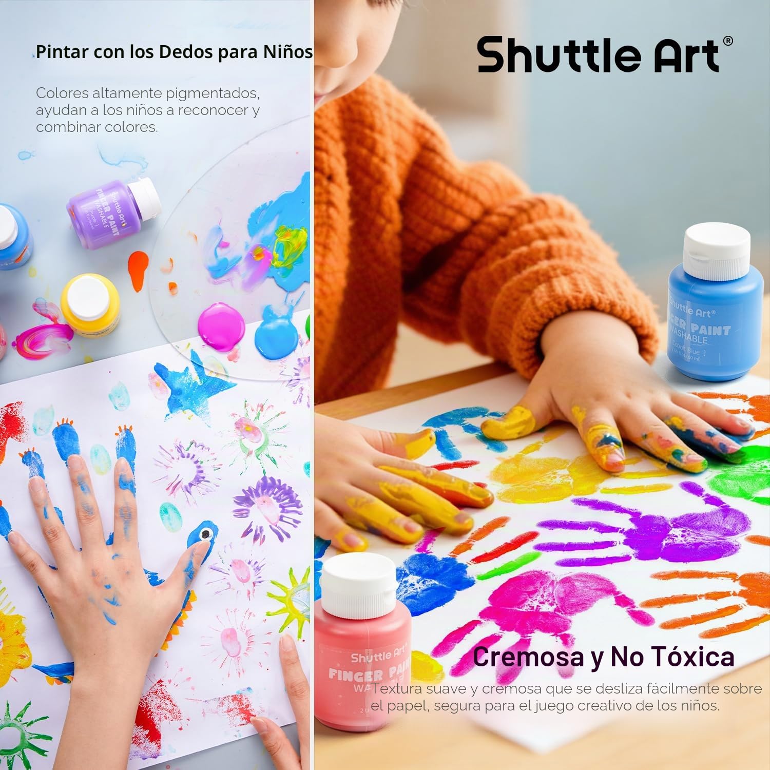 Shuttle Art Pinturas para Niños, 15 Colores 60ml Pintura de Dedos para Niños, Pintura Dedos Bebe No Toxica, Set Pinturas para Niños Pequeños Manualidades Artesanía