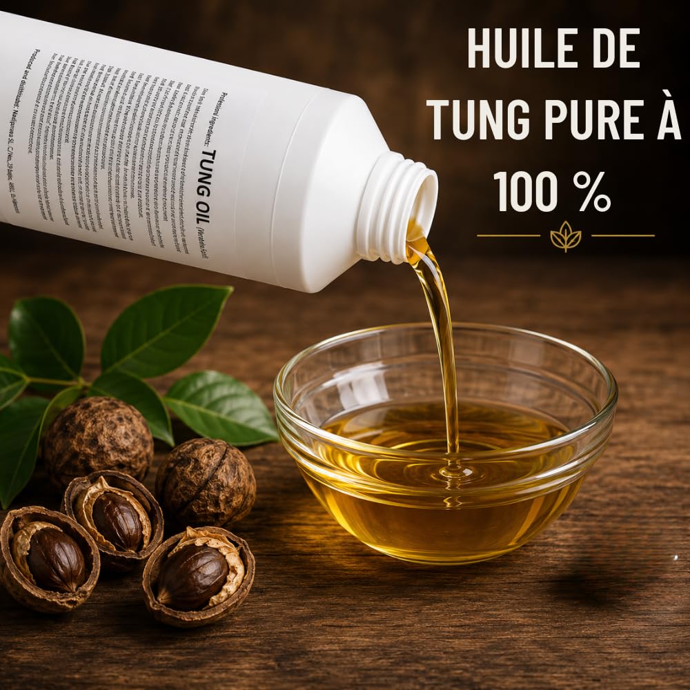 1 litre Huile de tung 100% pure | Entretien naturel du bois intérieur et extérieur | Il n'altère pas la couleur en laissant une couche imperméable très résistante. - Snadi