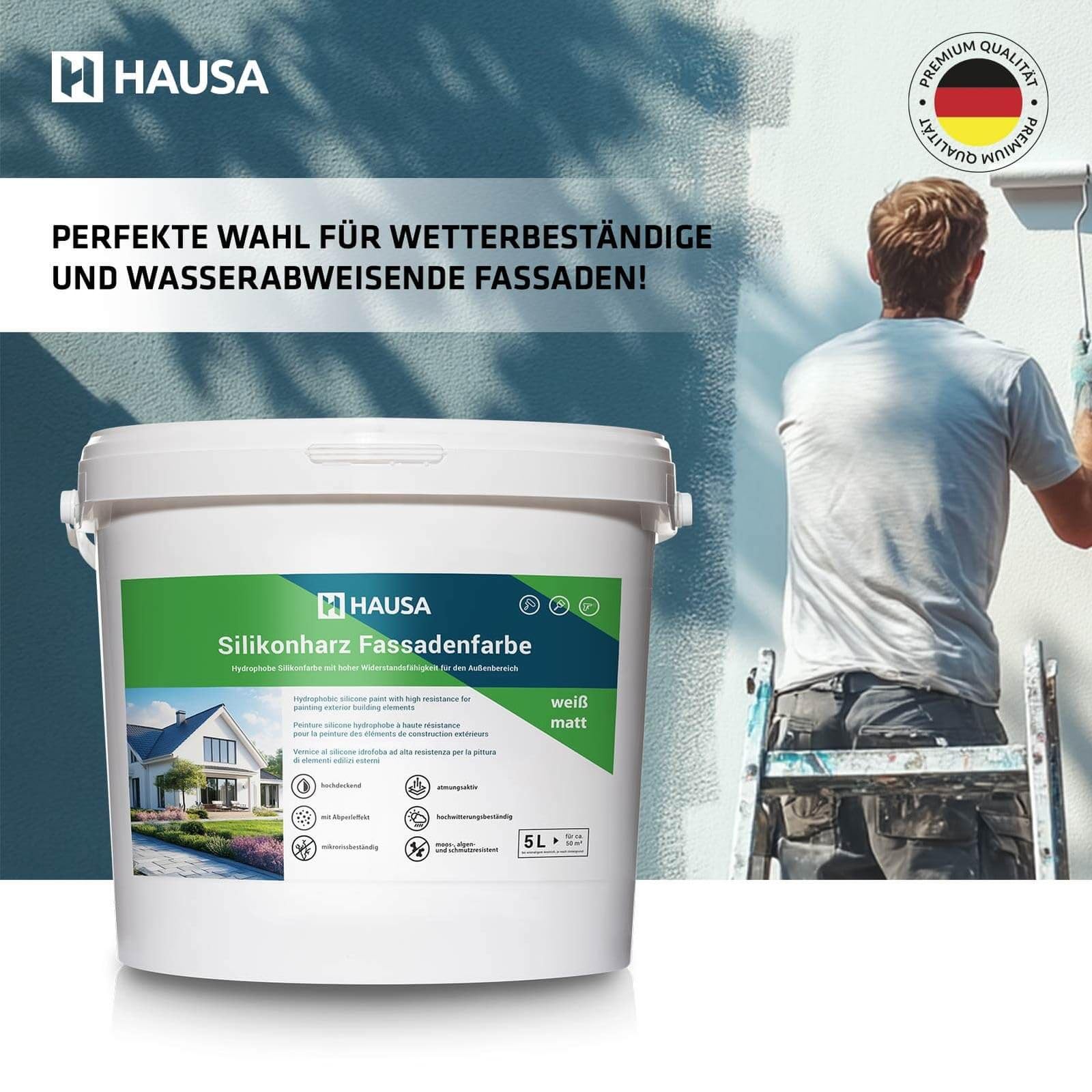 Hausa Fassadenfarbe weiß matt 5L Silikonharz Fassaden Farbe hochdeckende hydrophobe Außenfarbe mit Abperleffekt für alle Außenputze, Beton, Zement, Mauerwerk, Ziegel, witterungsbeständig atmungsaktiv