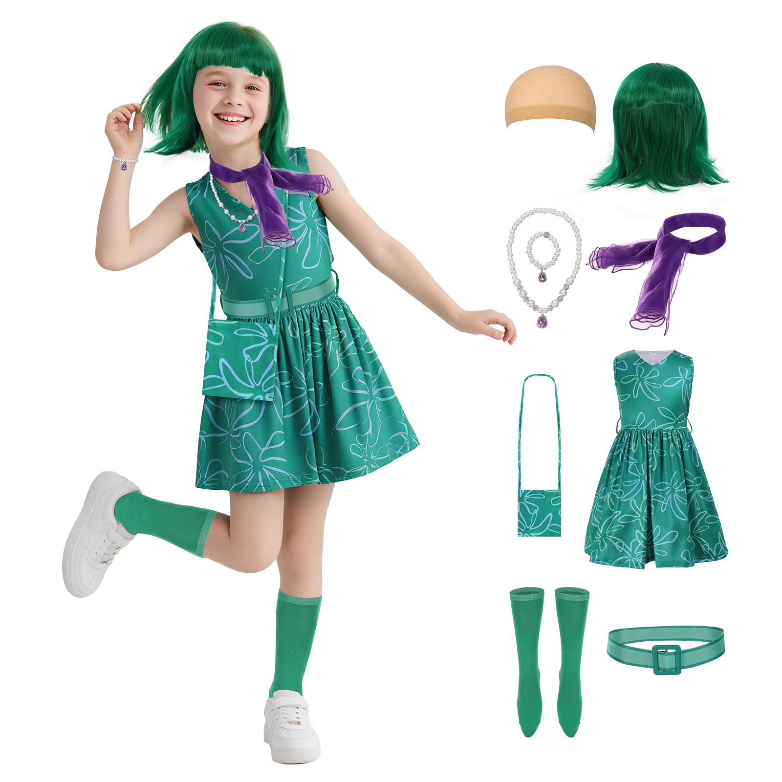 AENEY 9PCS Kids Girls Disgust Inside out Costume, Green Princess Dress with Wig Scarf Necklace Stocking