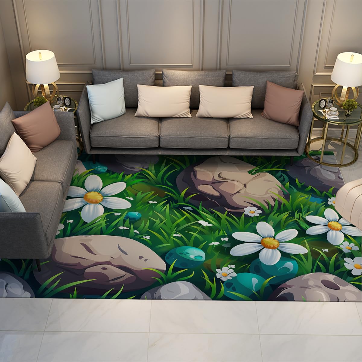 Tapis extérieur 140x200cm marguerite blanche et herbe verte lavable pour jardin