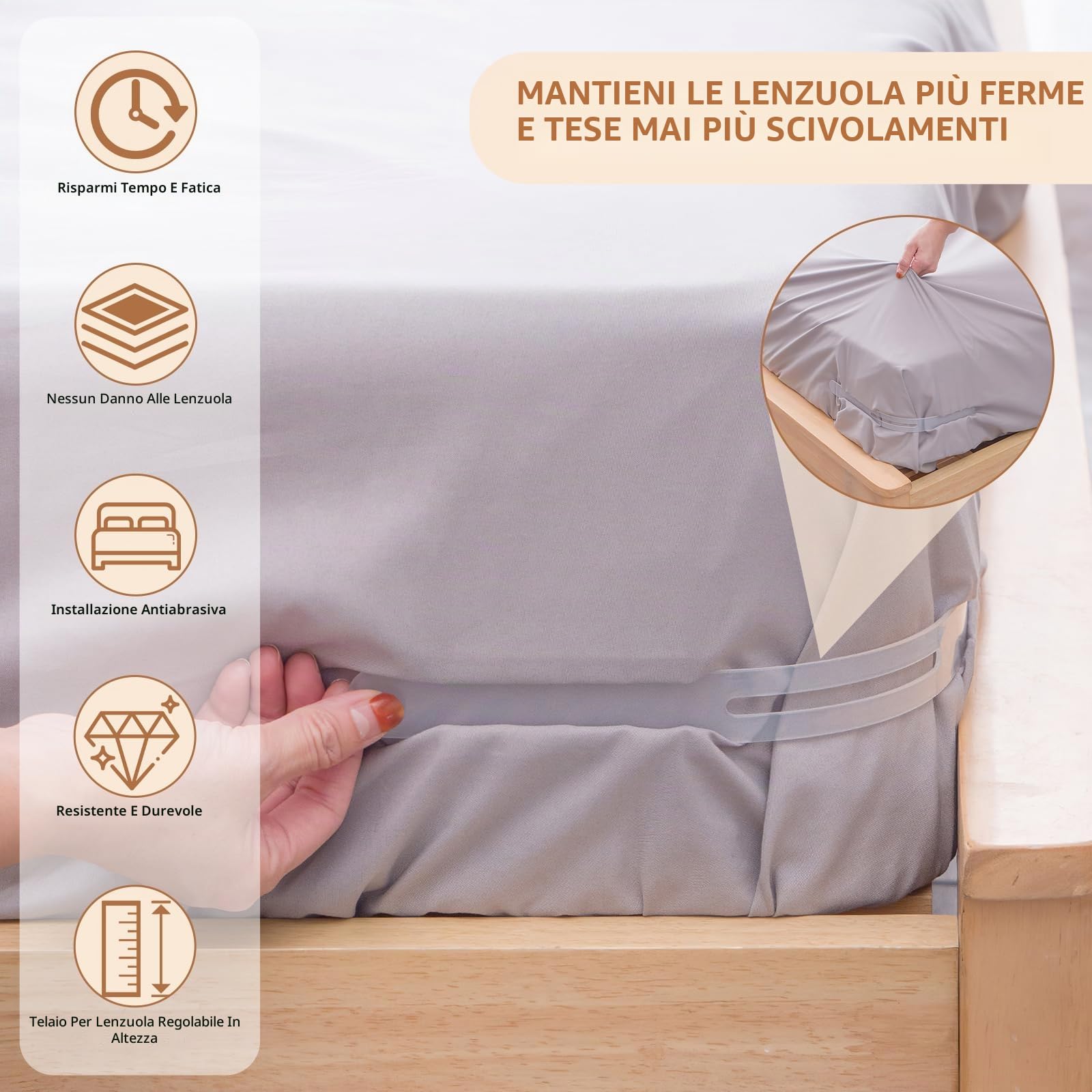 Hainue 4 Pezzi Blocca Lenzuola, Supporto per Blocca Lenzuolo con Strisce di Bloccaggio,Rimovibile,5 Livelli Regolabile in Altezza,per Materasso per Tutte Le Dimensioni(Bianco)