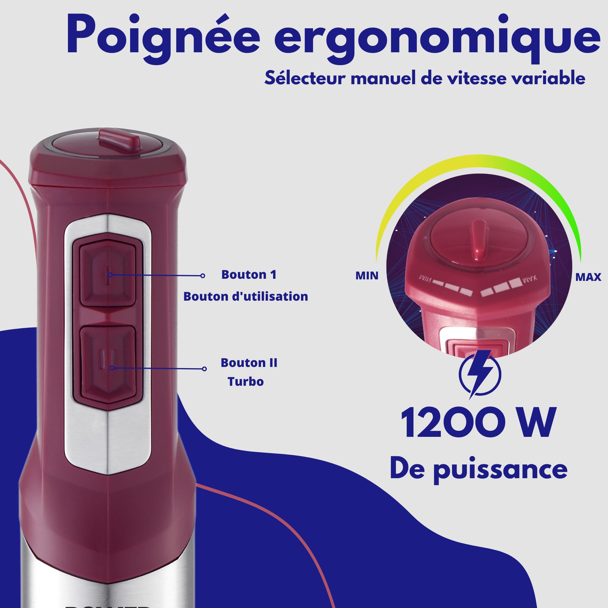 Mixeur Plongeant Batteur à Main et Robot Multifonctions Hachoir Electrique Mixer Plongeur Smoothies Soupe Hand Blender 5 en1 avec tiges et godet inclus - XsQuo
