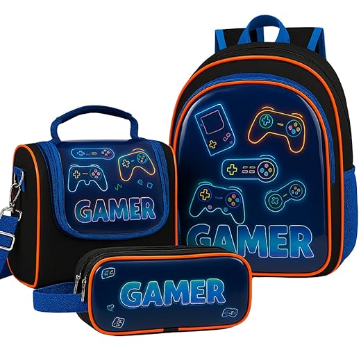 Kit Mochila Costas Escolar Infantil Passeio Gamer Grande Menino+ Lancheira Transversal + Estojo Duplo